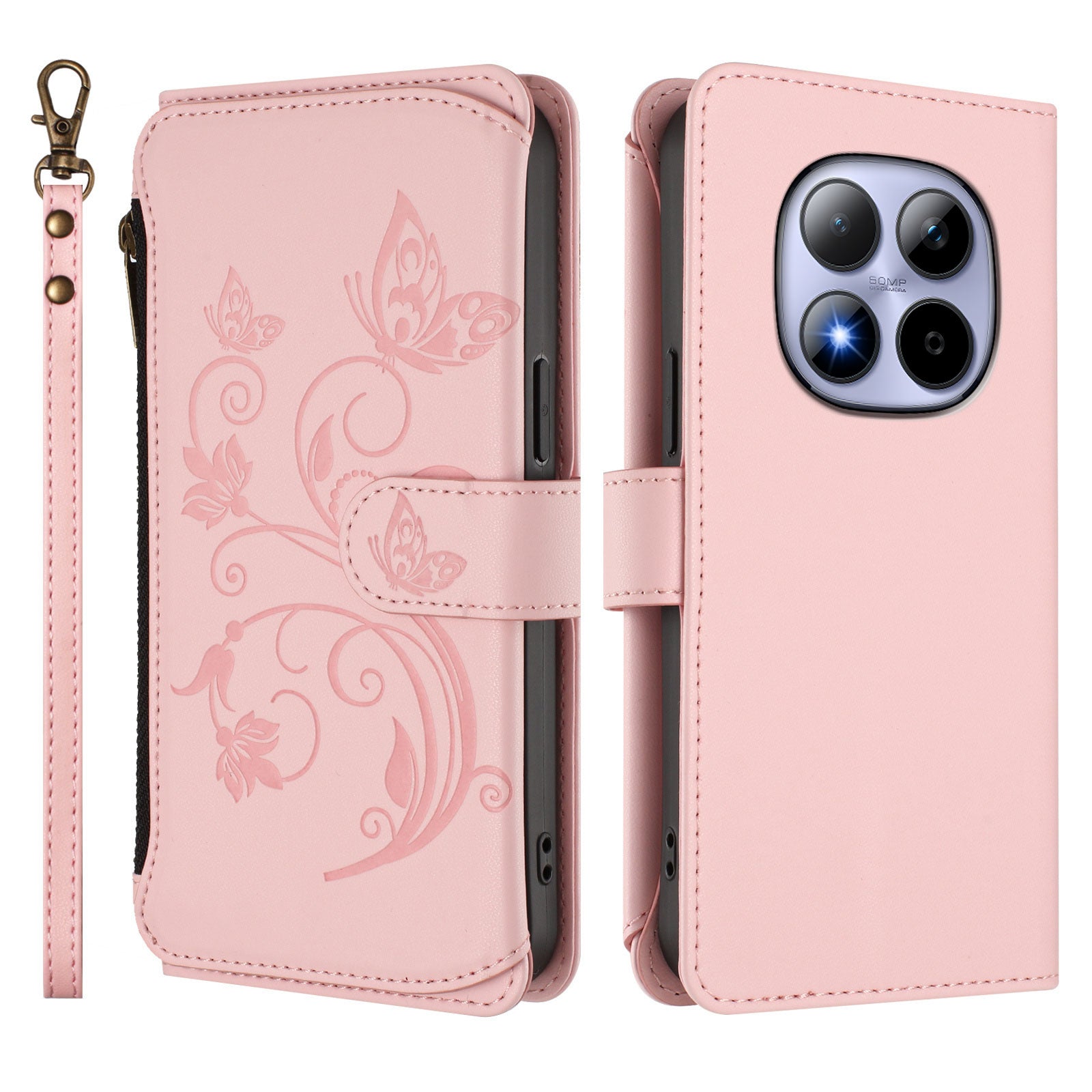 For Xiaomi Redmi Note 15 Pro 5G (Global) Leather Case Butterfly Floral Imprint Zipper Wallet Stand Cover with Wrist Strap - Pink