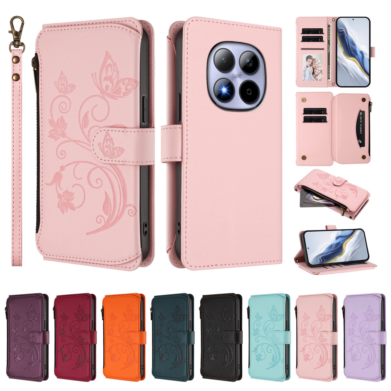 For Xiaomi Redmi Note 15 Pro 5G (Global) Leather Case Butterfly Floral Imprint Zipper Wallet Stand Cover with Wrist Strap - Pink