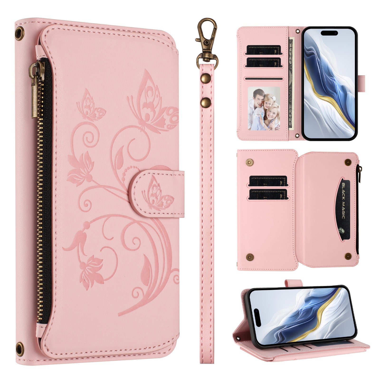 For Xiaomi Redmi Note 15 Pro 5G (Global) Leather Case Butterfly Floral Imprint Zipper Wallet Stand Cover with Wrist Strap - Pink