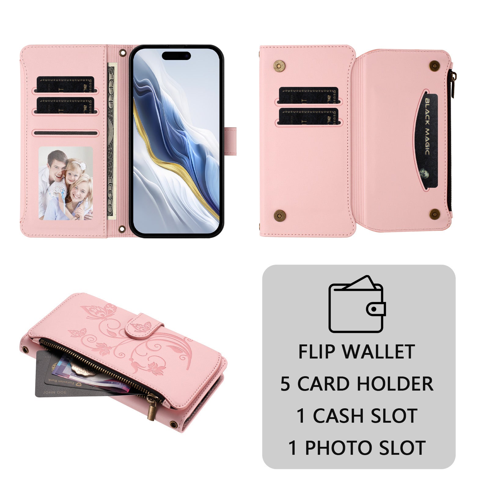 For Xiaomi Redmi Note 15 Pro 5G (Global) Leather Case Butterfly Floral Imprint Zipper Wallet Stand Cover with Wrist Strap - Pink