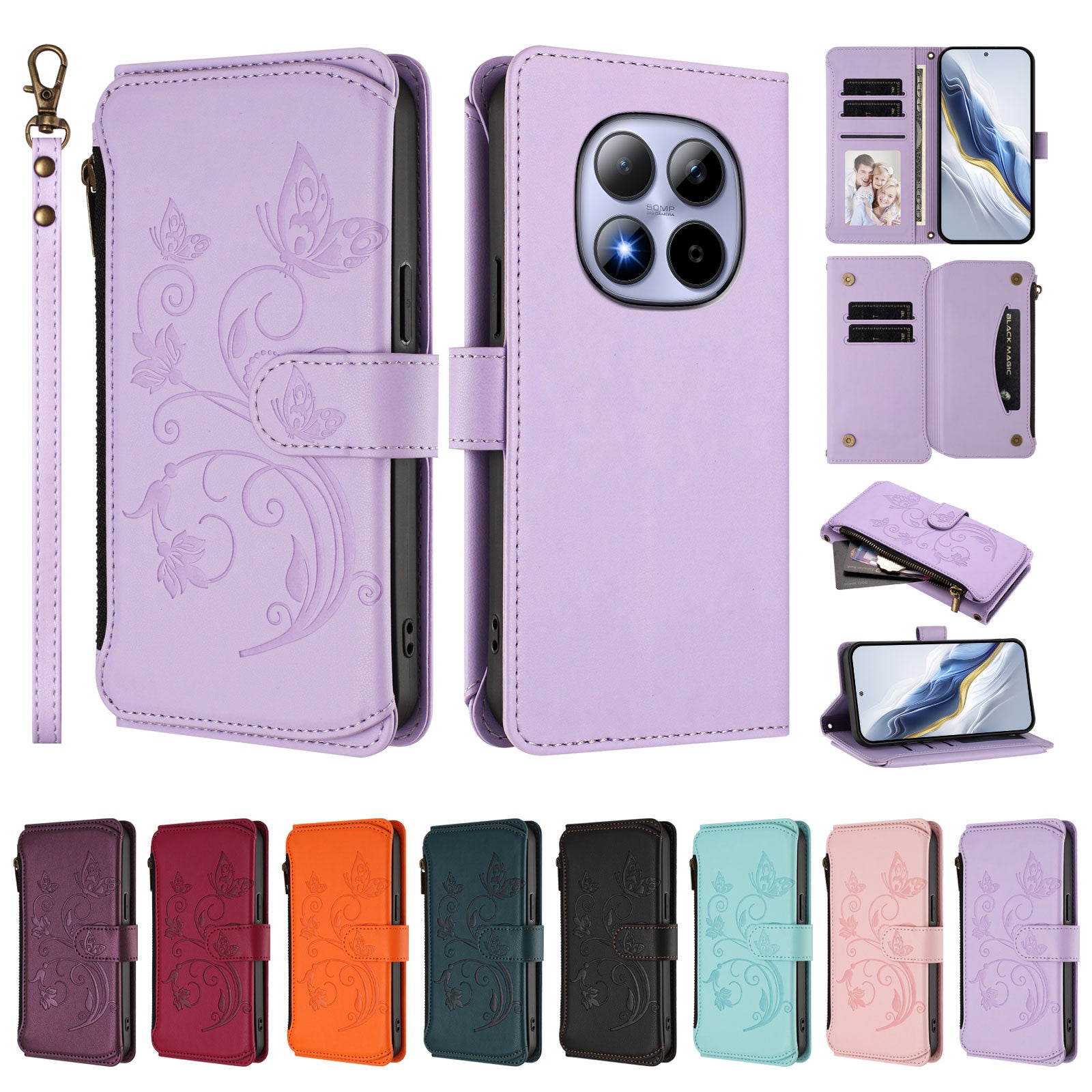 For Xiaomi Redmi Note 15 Pro 5G (Global) Leather Case Butterfly Floral Imprint Zipper Wallet Stand Cover with Wrist Strap - Light Purple