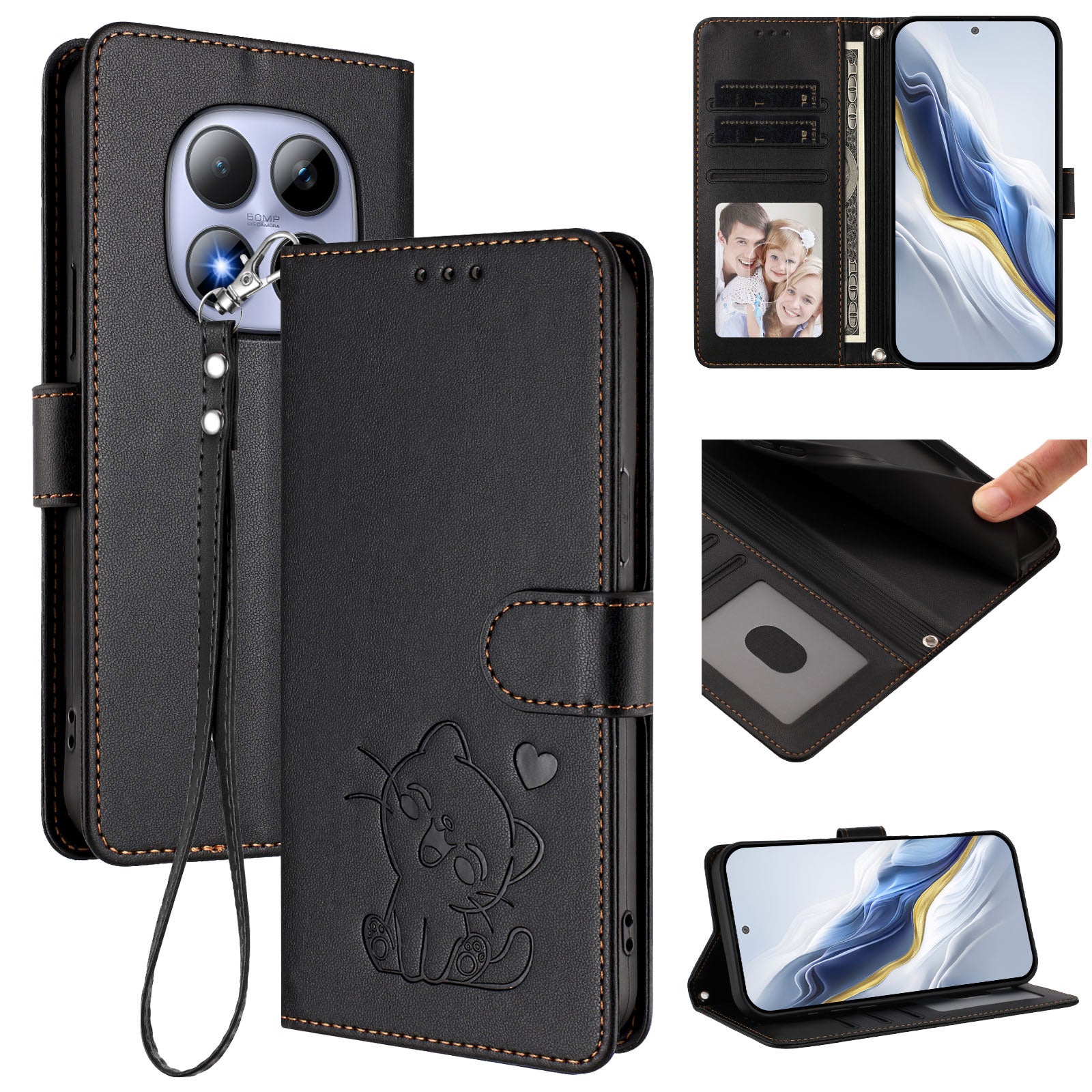 For Xiaomi Redmi Note 15 Pro 5G (Global) Wallet Case with Wrist Strap Love Cat Pattern Imprint Leather Phone Cover - Black