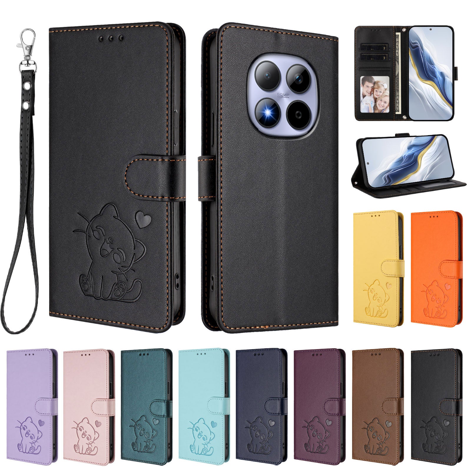 For Xiaomi Redmi Note 15 Pro 5G (Global) Wallet Case with Wrist Strap Love Cat Pattern Imprint Leather Phone Cover - Black
