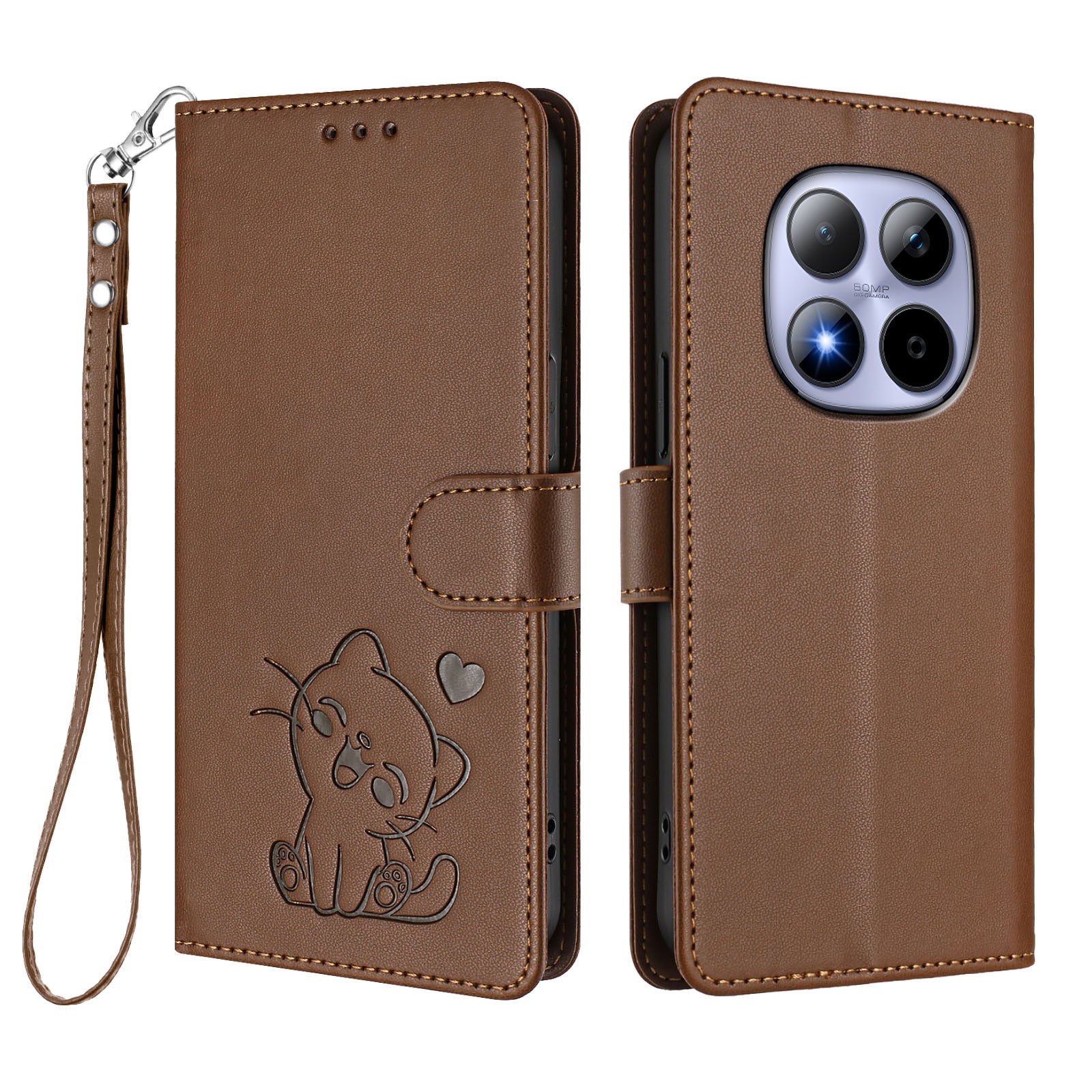 For Xiaomi Redmi Note 15 Pro 5G (Global) Wallet Case with Wrist Strap Love Cat Pattern Imprint Leather Phone Cover - Brown