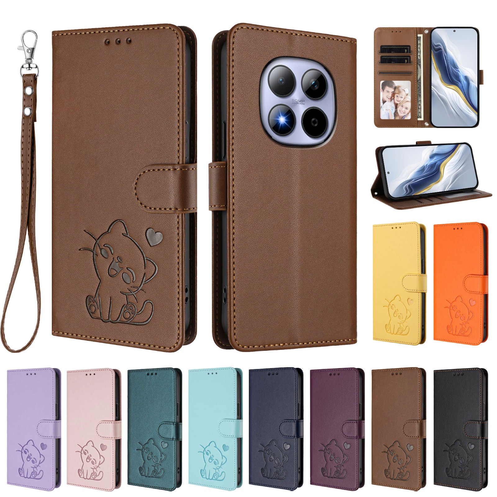 For Xiaomi Redmi Note 15 Pro 5G (Global) Wallet Case with Wrist Strap Love Cat Pattern Imprint Leather Phone Cover - Brown