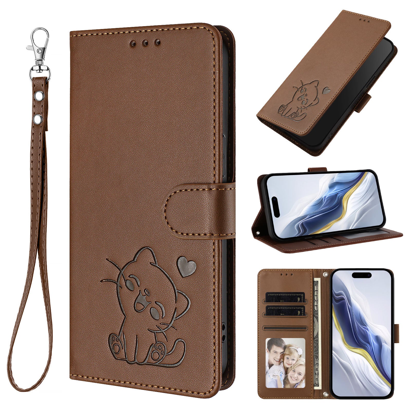 For Xiaomi Redmi Note 15 Pro 5G (Global) Wallet Case with Wrist Strap Love Cat Pattern Imprint Leather Phone Cover - Brown