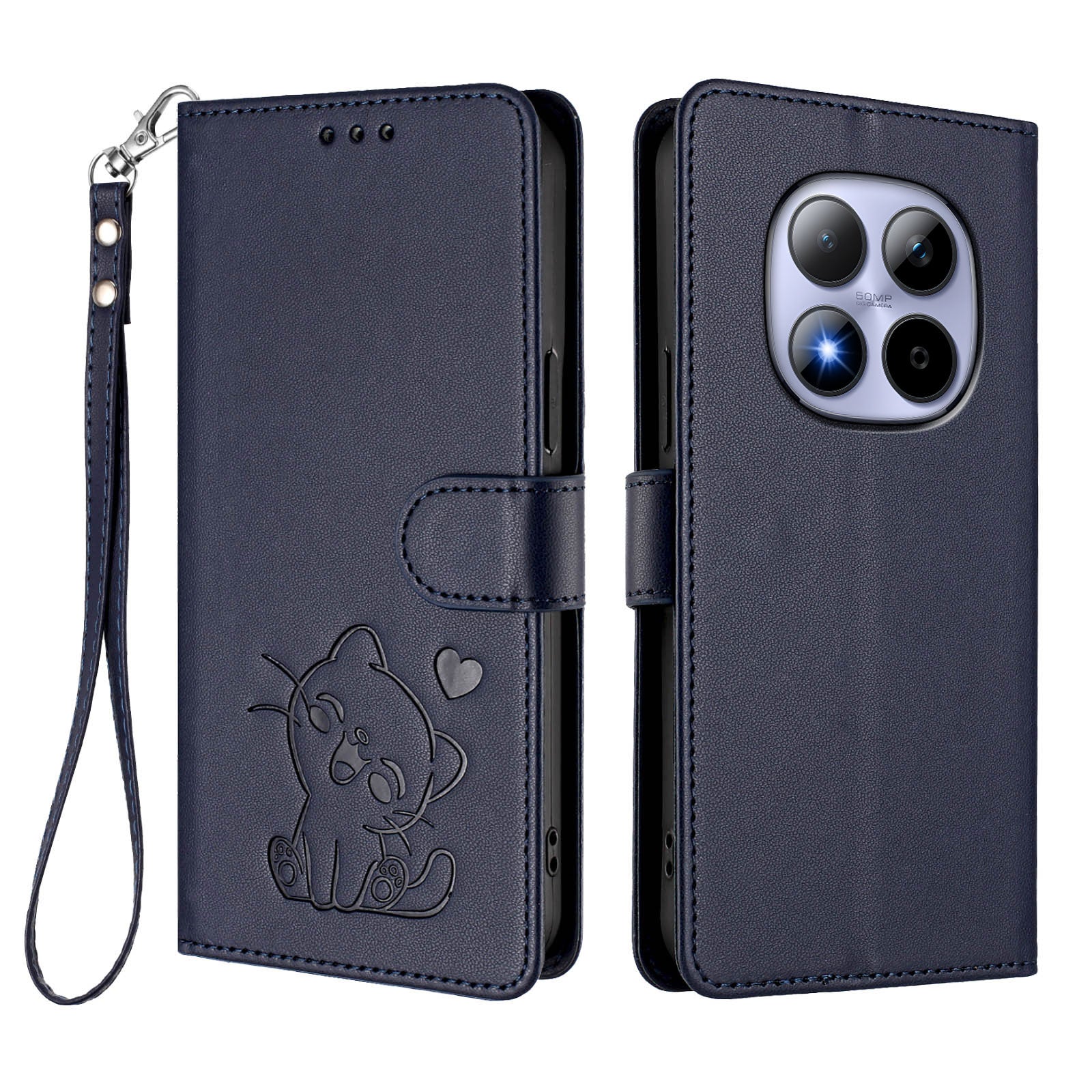 For Xiaomi Redmi Note 15 Pro 5G (Global) Wallet Case with Wrist Strap Love Cat Pattern Imprint Leather Phone Cover - Blue