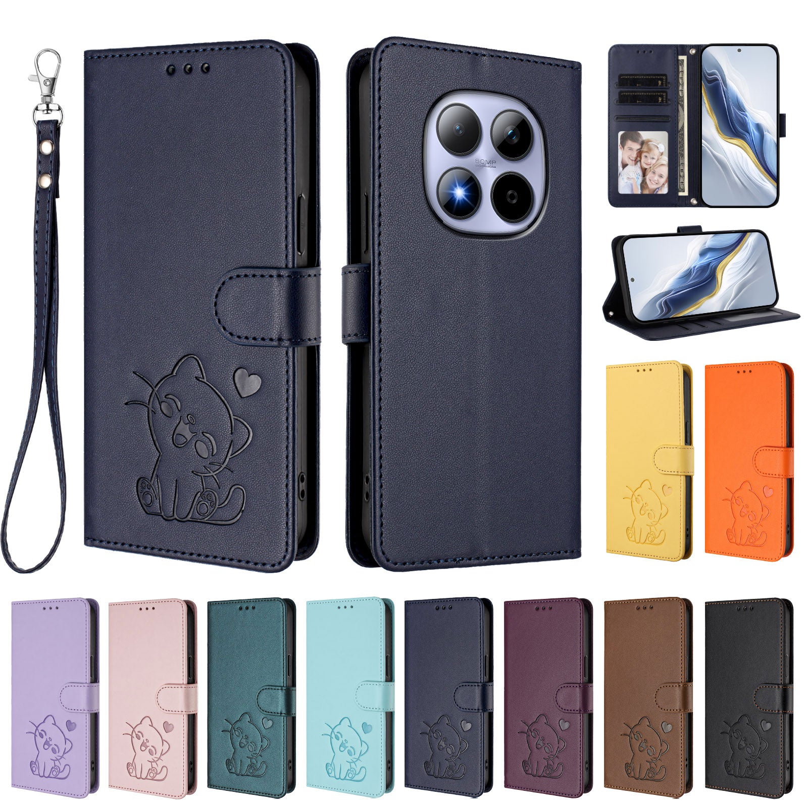 For Xiaomi Redmi Note 15 Pro 5G (Global) Wallet Case with Wrist Strap Love Cat Pattern Imprint Leather Phone Cover - Blue