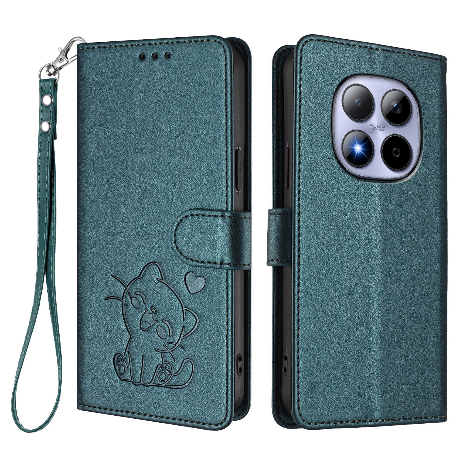 For Xiaomi Redmi Note 15 Pro 5G (Global) Wallet Case with Wrist Strap Love Cat Pattern Imprint Leather Phone Cover - Green
