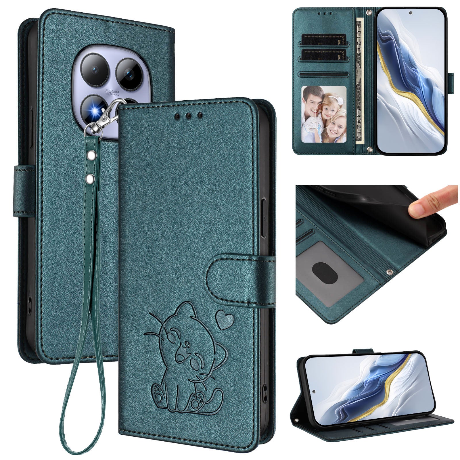 For Xiaomi Redmi Note 15 Pro 5G (Global) Wallet Case with Wrist Strap Love Cat Pattern Imprint Leather Phone Cover - Green