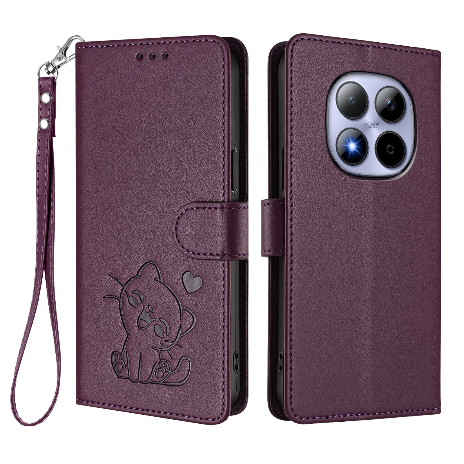 For Xiaomi Redmi Note 15 Pro 5G (Global) Wallet Case with Wrist Strap Love Cat Pattern Imprint Leather Phone Cover - Purple