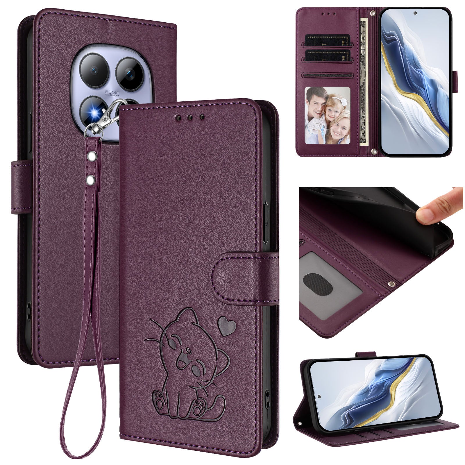 For Xiaomi Redmi Note 15 Pro 5G (Global) Wallet Case with Wrist Strap Love Cat Pattern Imprint Leather Phone Cover - Purple