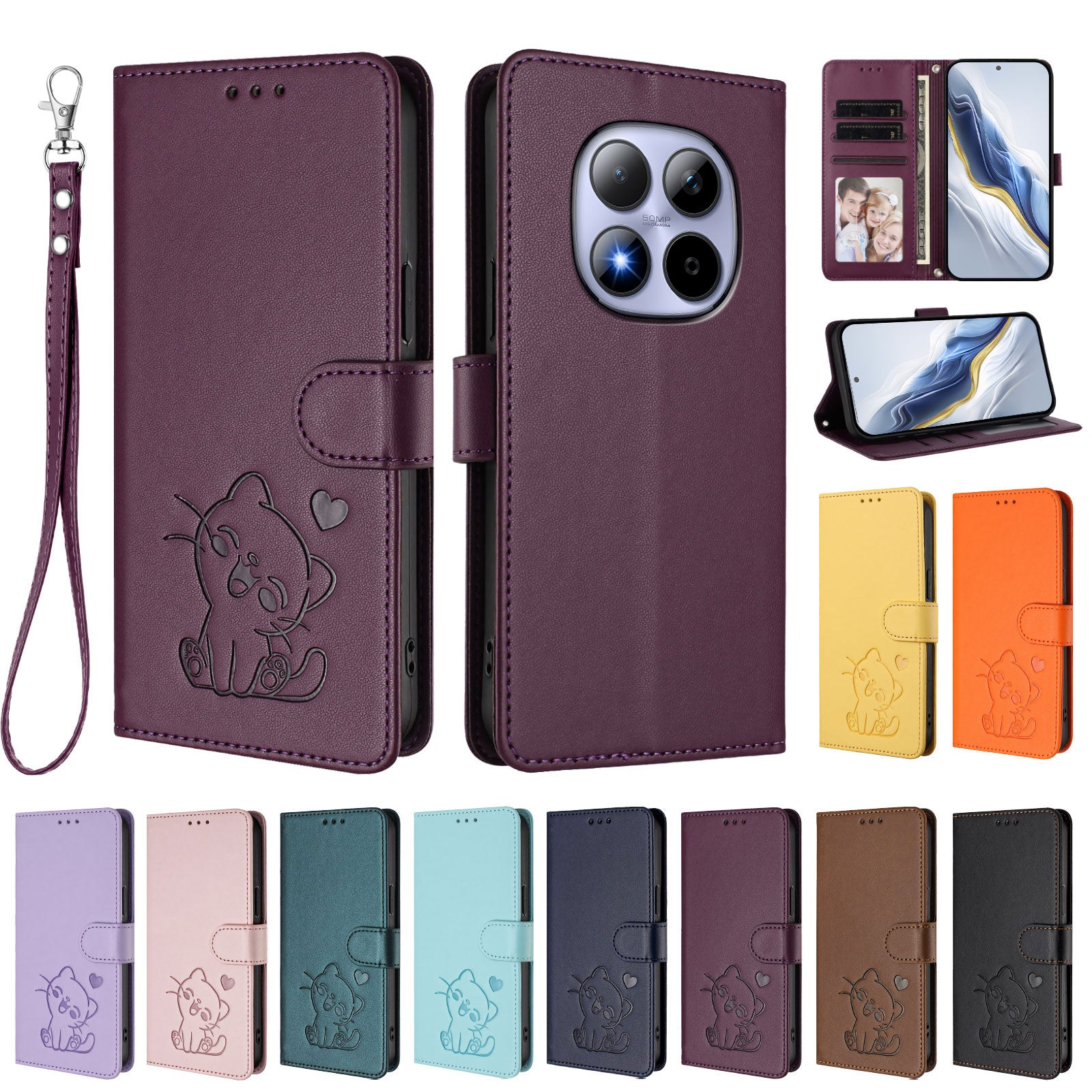 For Xiaomi Redmi Note 15 Pro 5G (Global) Wallet Case with Wrist Strap Love Cat Pattern Imprint Leather Phone Cover - Purple
