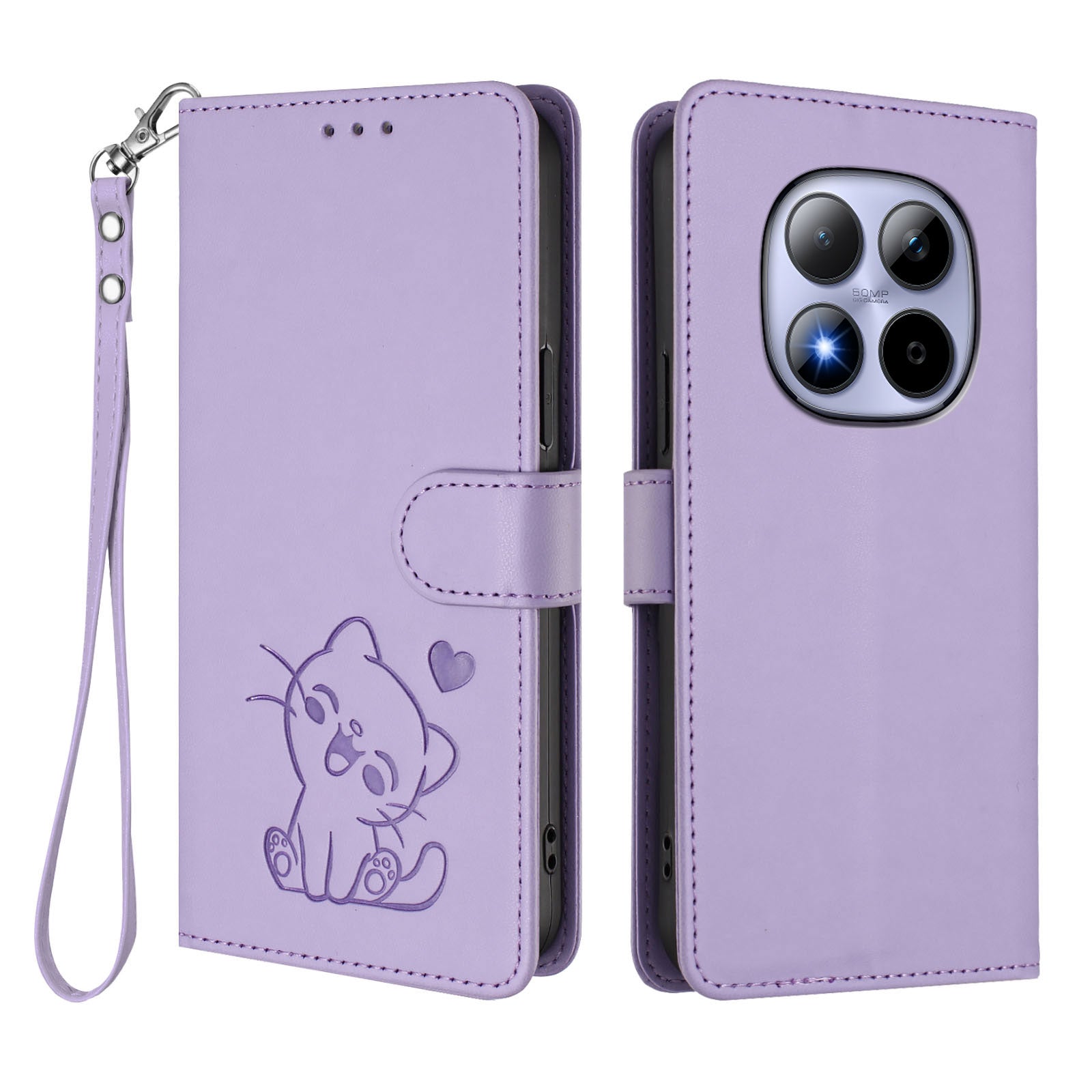 For Xiaomi Redmi Note 15 Pro 5G (Global) Wallet Case with Wrist Strap Love Cat Pattern Imprint Leather Phone Cover - Light Purple