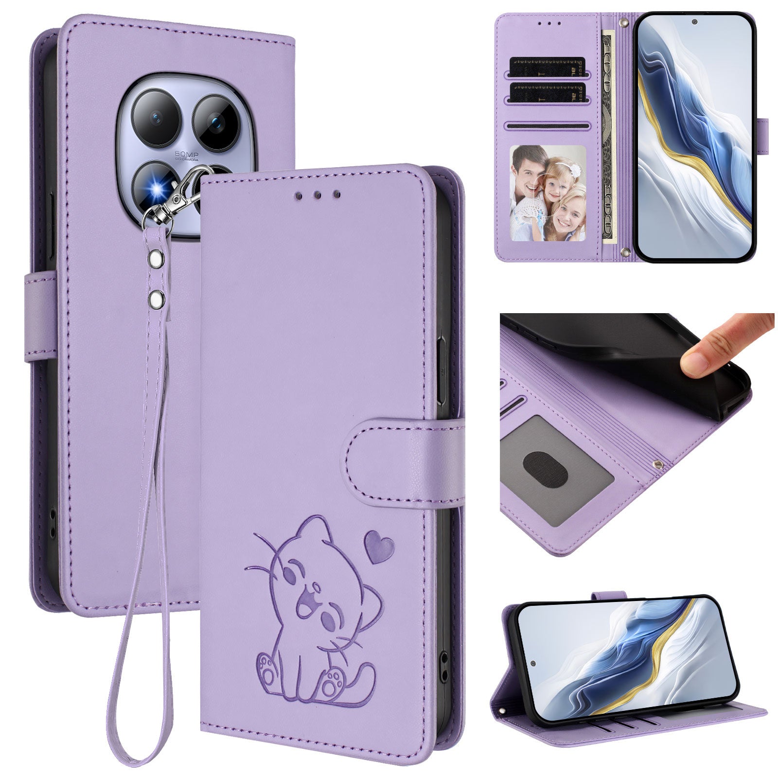For Xiaomi Redmi Note 15 Pro 5G (Global) Wallet Case with Wrist Strap Love Cat Pattern Imprint Leather Phone Cover - Light Purple