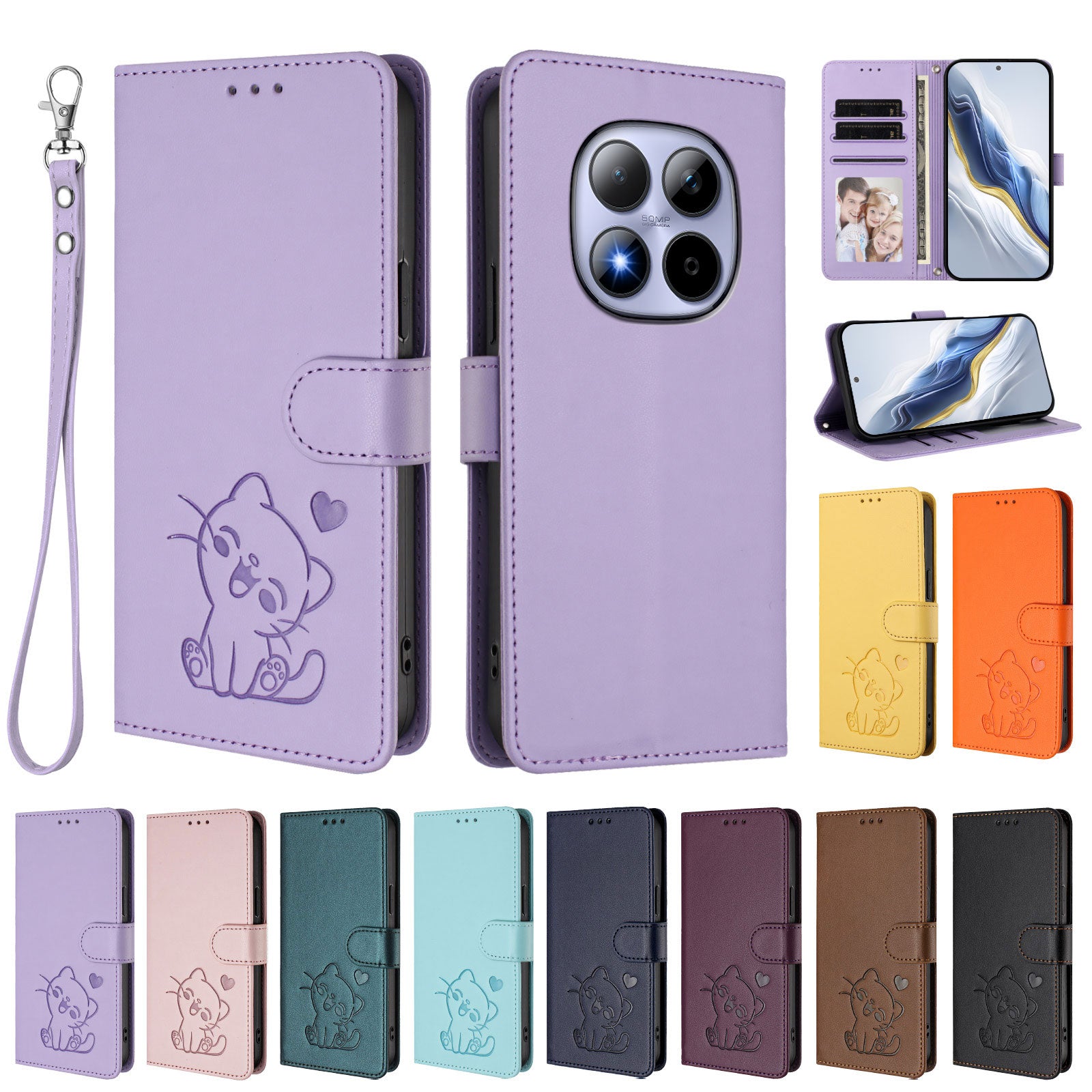 For Xiaomi Redmi Note 15 Pro 5G (Global) Wallet Case with Wrist Strap Love Cat Pattern Imprint Leather Phone Cover - Light Purple