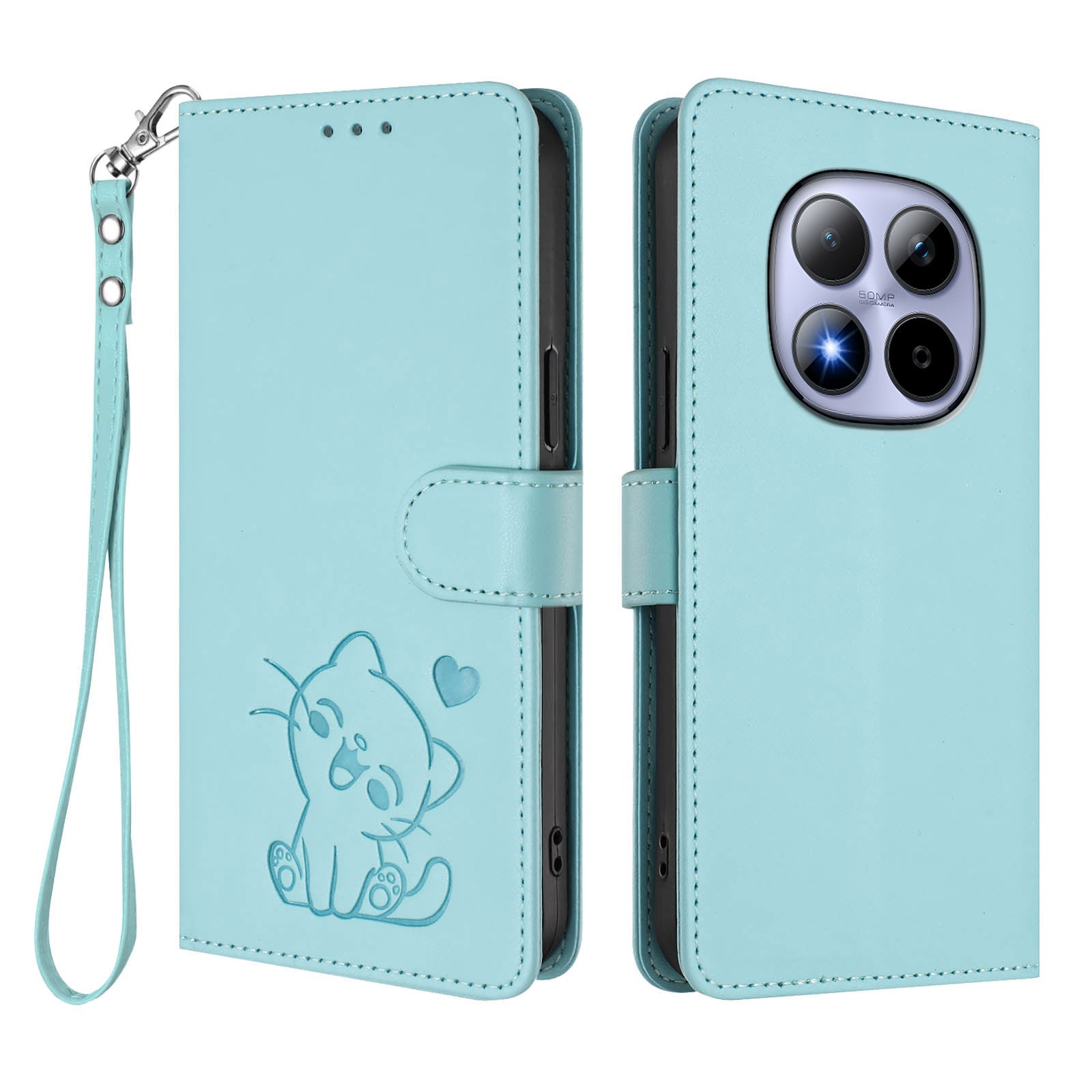 For Xiaomi Redmi Note 15 Pro 5G (Global) Wallet Case with Wrist Strap Love Cat Pattern Imprint Leather Phone Cover - Mint Green