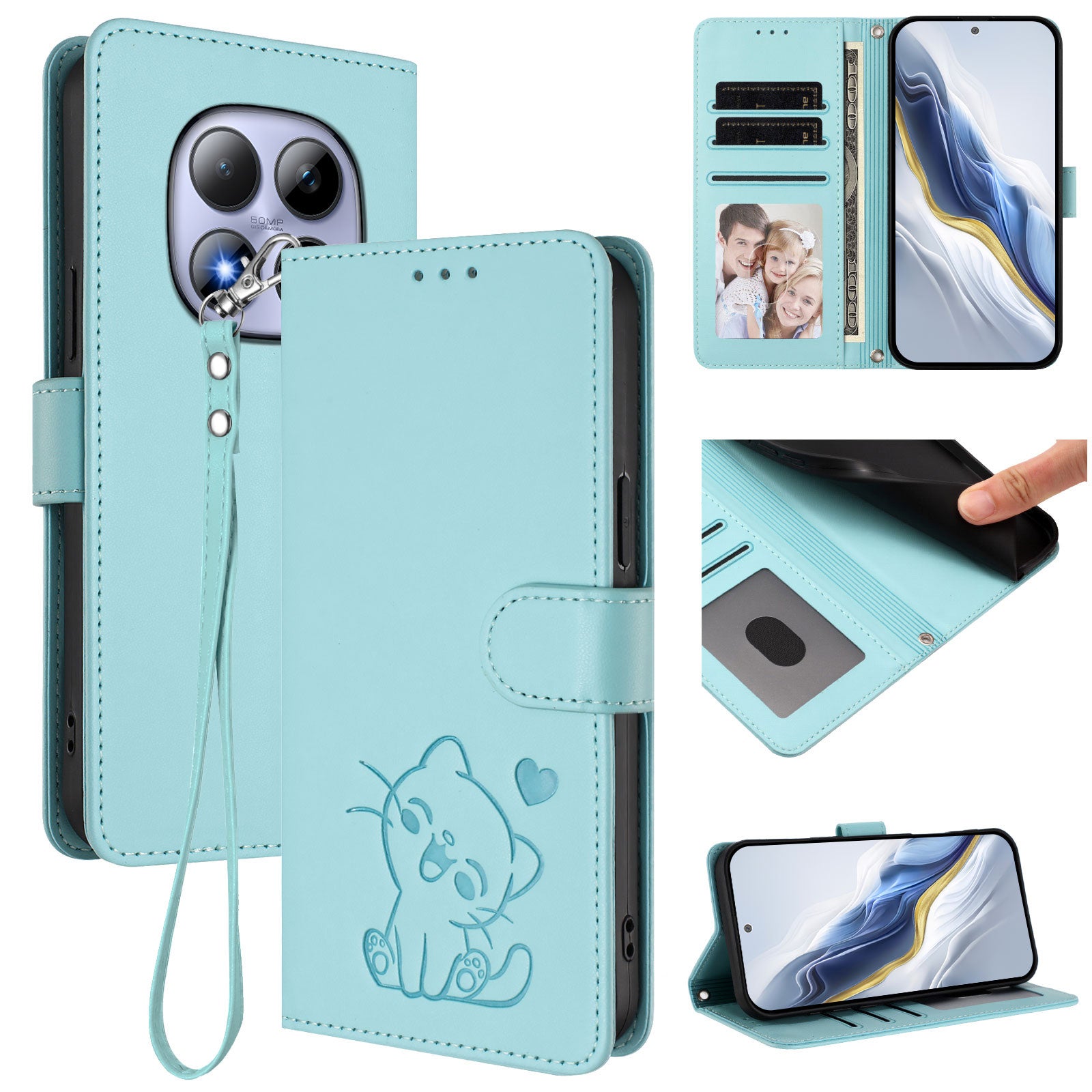For Xiaomi Redmi Note 15 Pro 5G (Global) Wallet Case with Wrist Strap Love Cat Pattern Imprint Leather Phone Cover - Mint Green