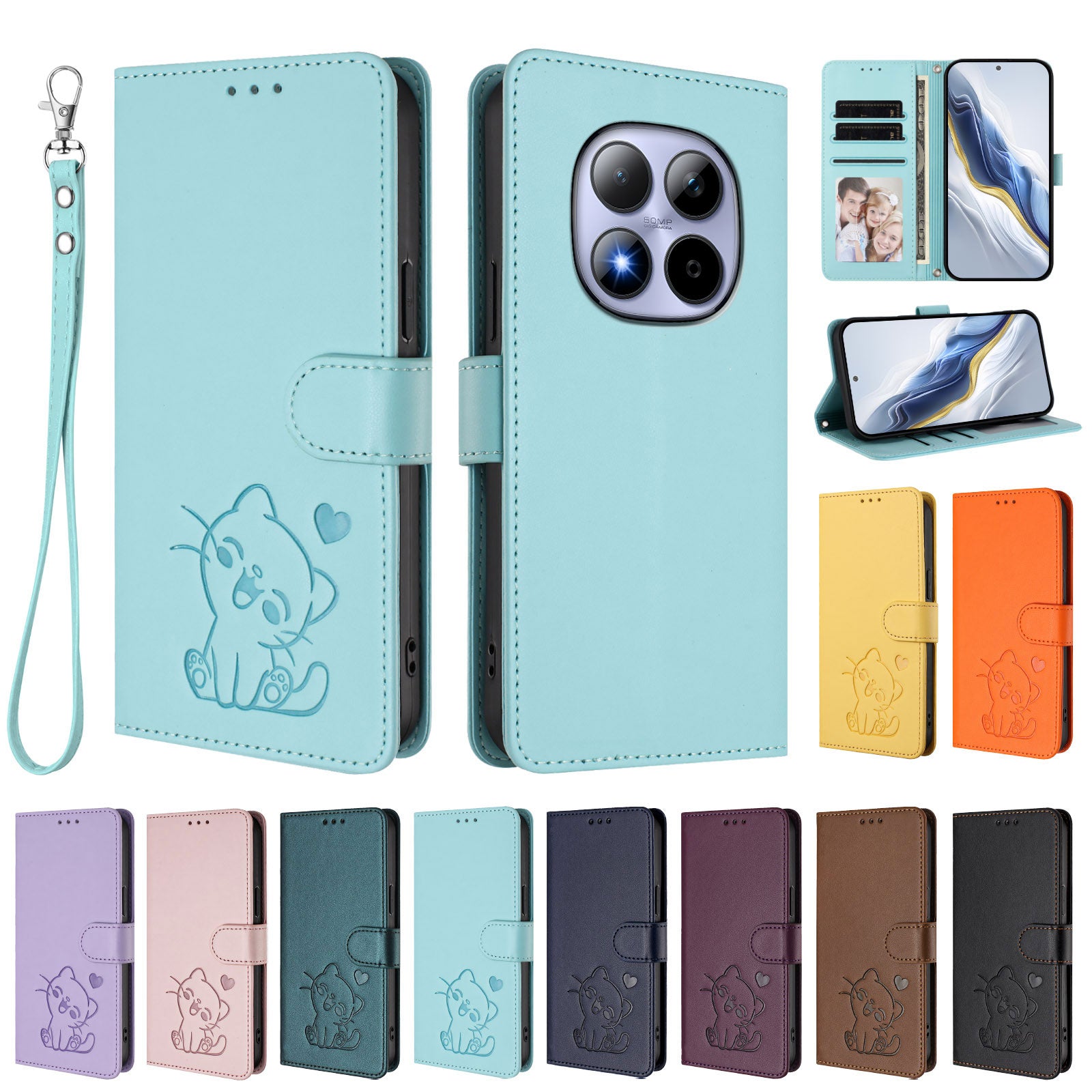 For Xiaomi Redmi Note 15 Pro 5G (Global) Wallet Case with Wrist Strap Love Cat Pattern Imprint Leather Phone Cover - Mint Green