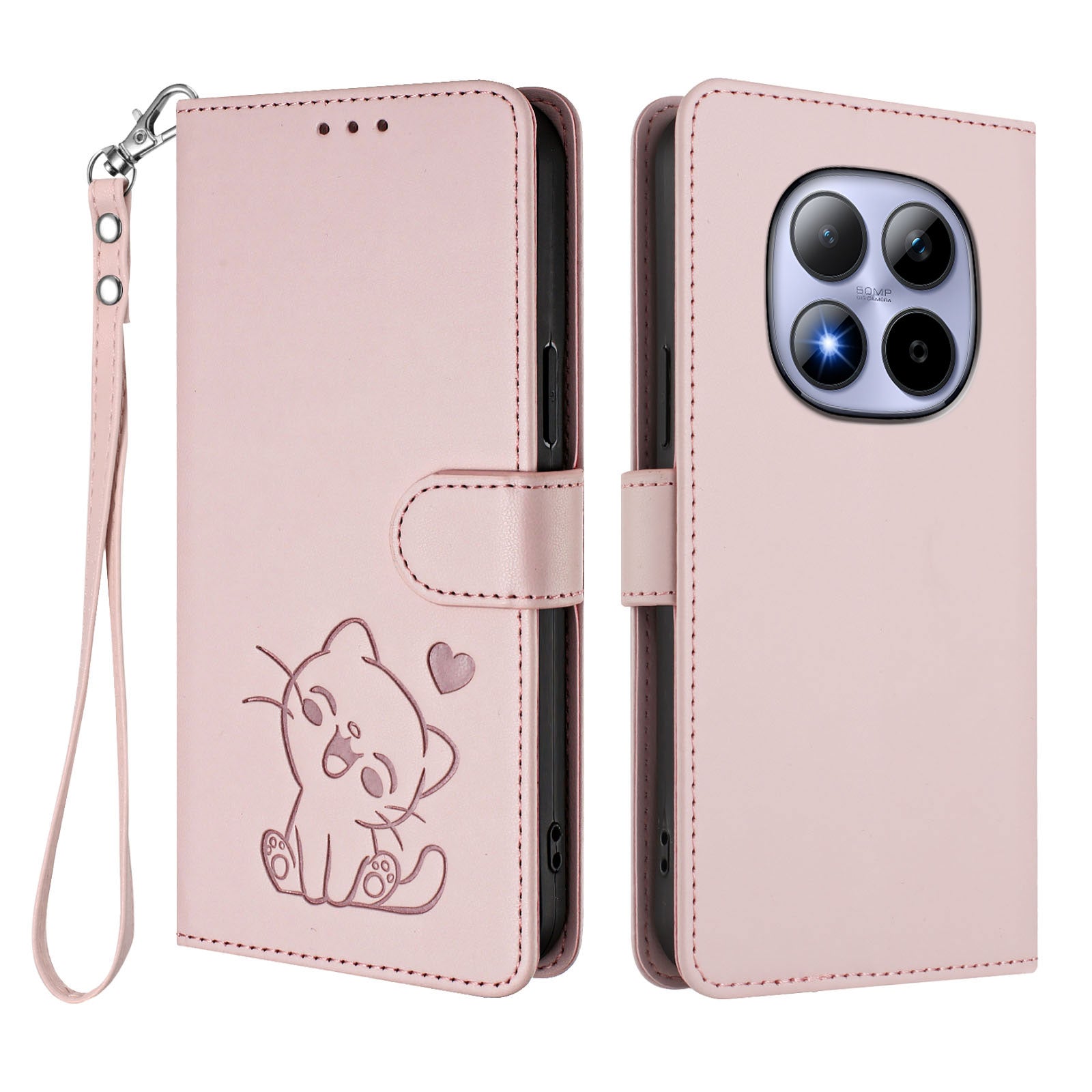For Xiaomi Redmi Note 15 Pro 5G (Global) Wallet Case with Wrist Strap Love Cat Pattern Imprint Leather Phone Cover - Pink
