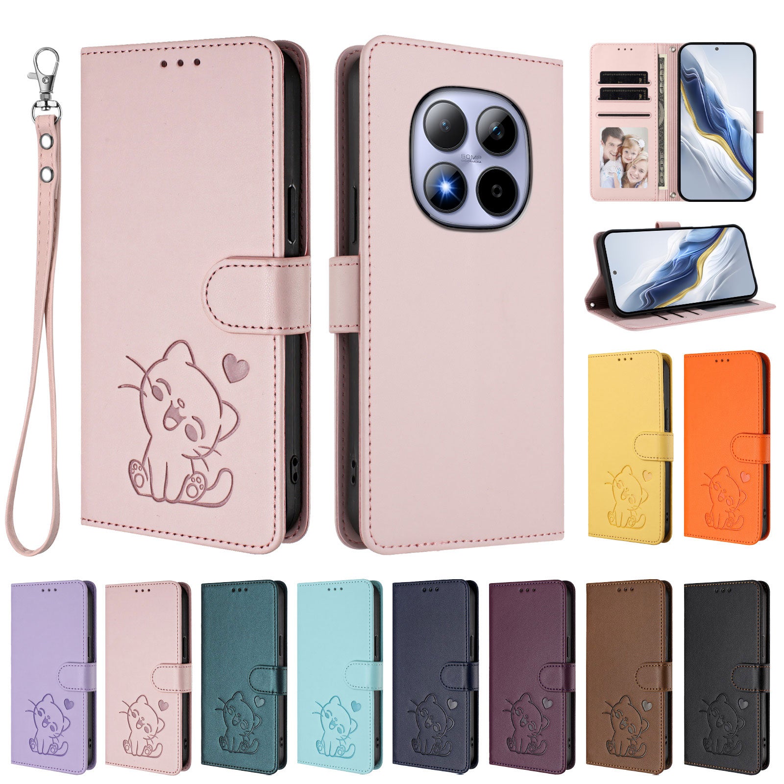 For Xiaomi Redmi Note 15 Pro 5G (Global) Wallet Case with Wrist Strap Love Cat Pattern Imprint Leather Phone Cover - Pink