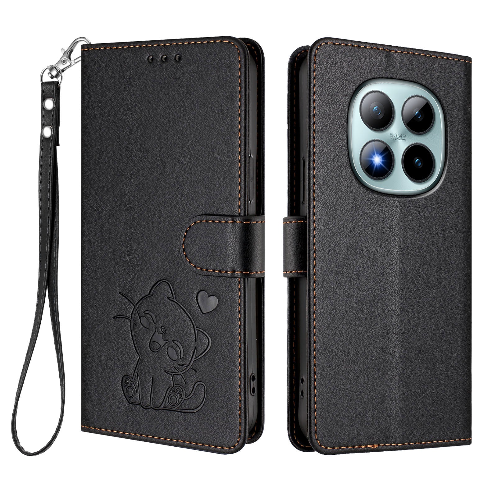 For Xiaomi Poco M8 Pro 5G / Redmi Note 15 Pro+ 5G (Global) Wallet Case with Wrist Strap Love Cat Pattern Imprint Leather Phone Cover - Black