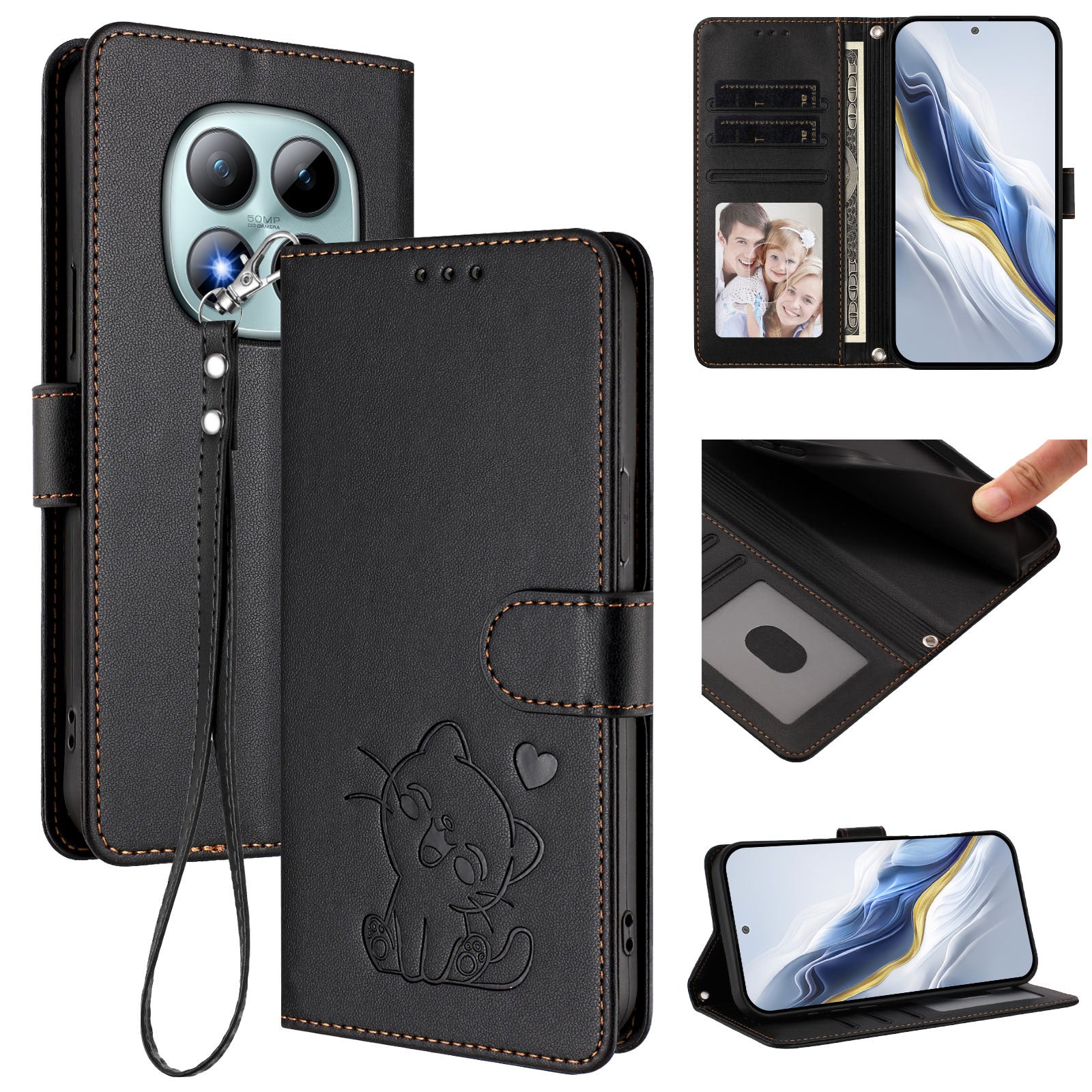 For Xiaomi Poco M8 Pro 5G / Redmi Note 15 Pro+ 5G (Global) Wallet Case with Wrist Strap Love Cat Pattern Imprint Leather Phone Cover - Black