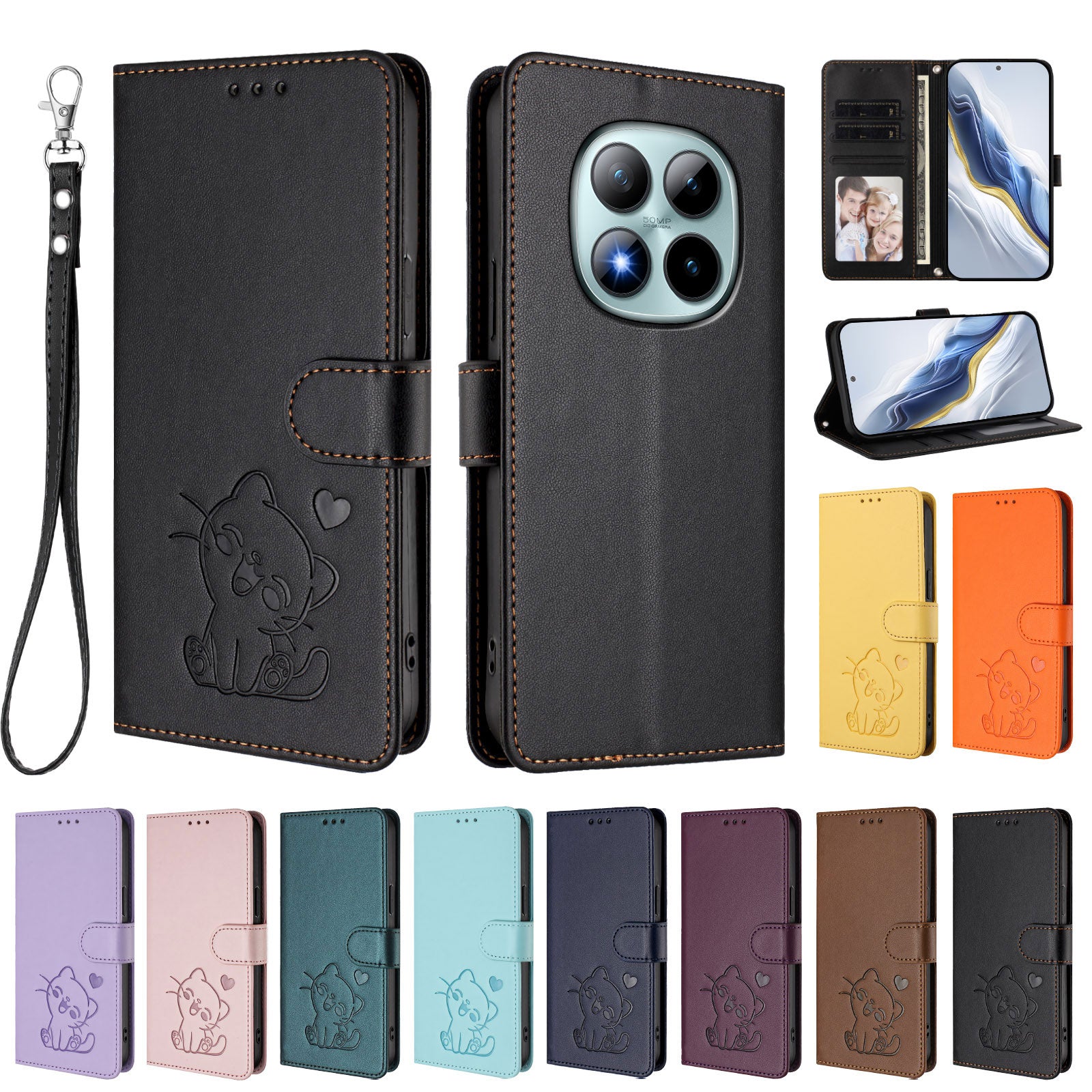 For Xiaomi Poco M8 Pro 5G / Redmi Note 15 Pro+ 5G (Global) Wallet Case with Wrist Strap Love Cat Pattern Imprint Leather Phone Cover - Black