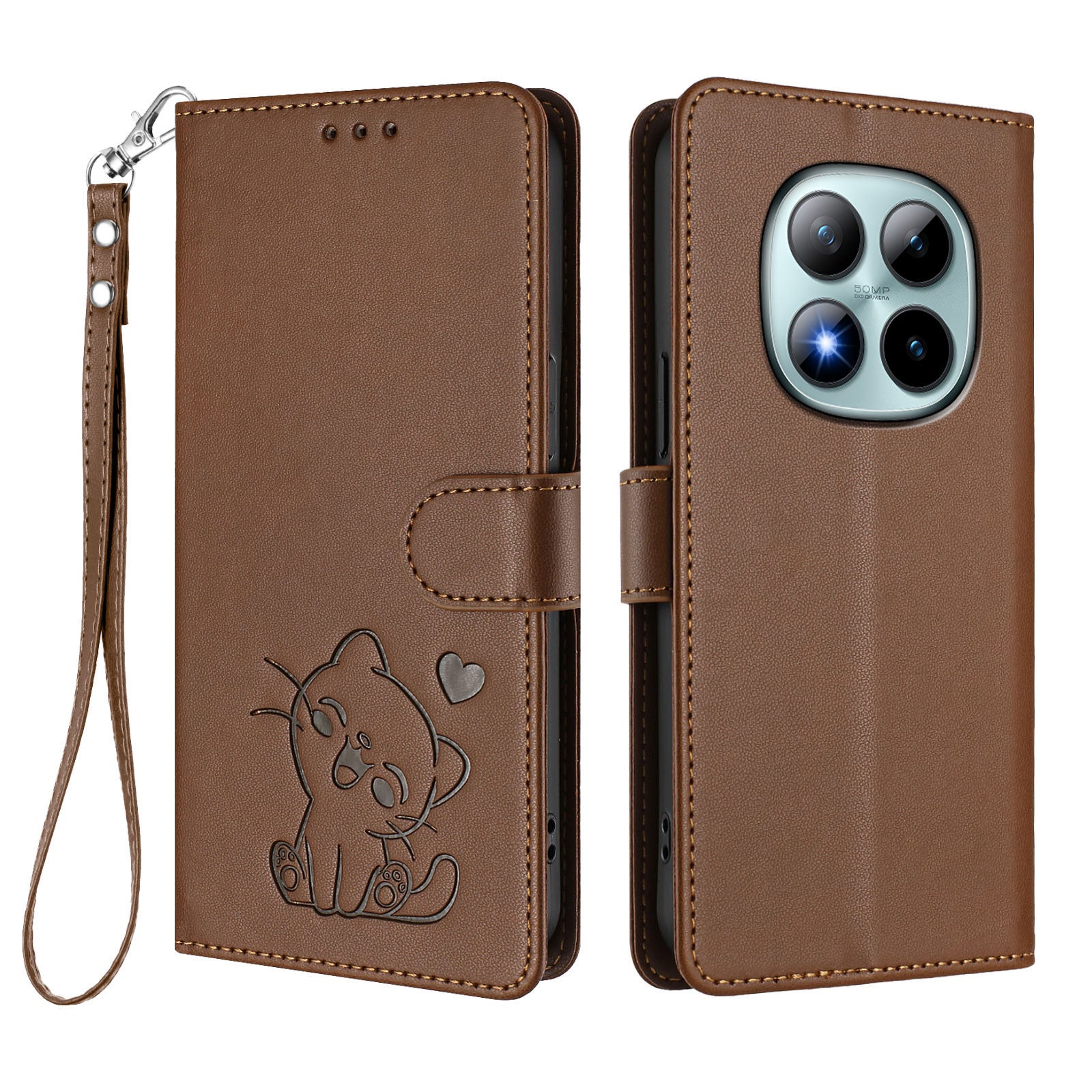 For Xiaomi Poco M8 Pro 5G / Redmi Note 15 Pro+ 5G (Global) Wallet Case with Wrist Strap Love Cat Pattern Imprint Leather Phone Cover - Brown