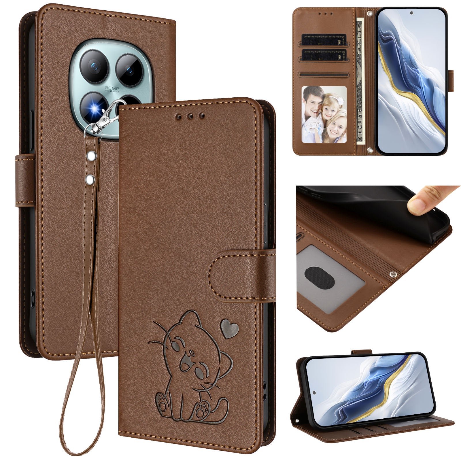 For Xiaomi Poco M8 Pro 5G / Redmi Note 15 Pro+ 5G (Global) Wallet Case with Wrist Strap Love Cat Pattern Imprint Leather Phone Cover - Brown