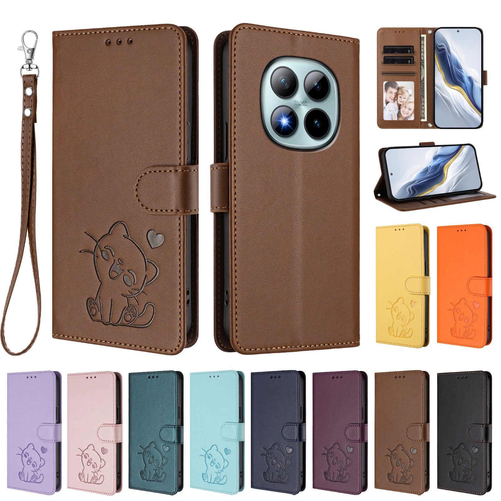 For Xiaomi Poco M8 Pro 5G / Redmi Note 15 Pro+ 5G (Global) Wallet Case with Wrist Strap Love Cat Pattern Imprint Leather Phone Cover - Brown