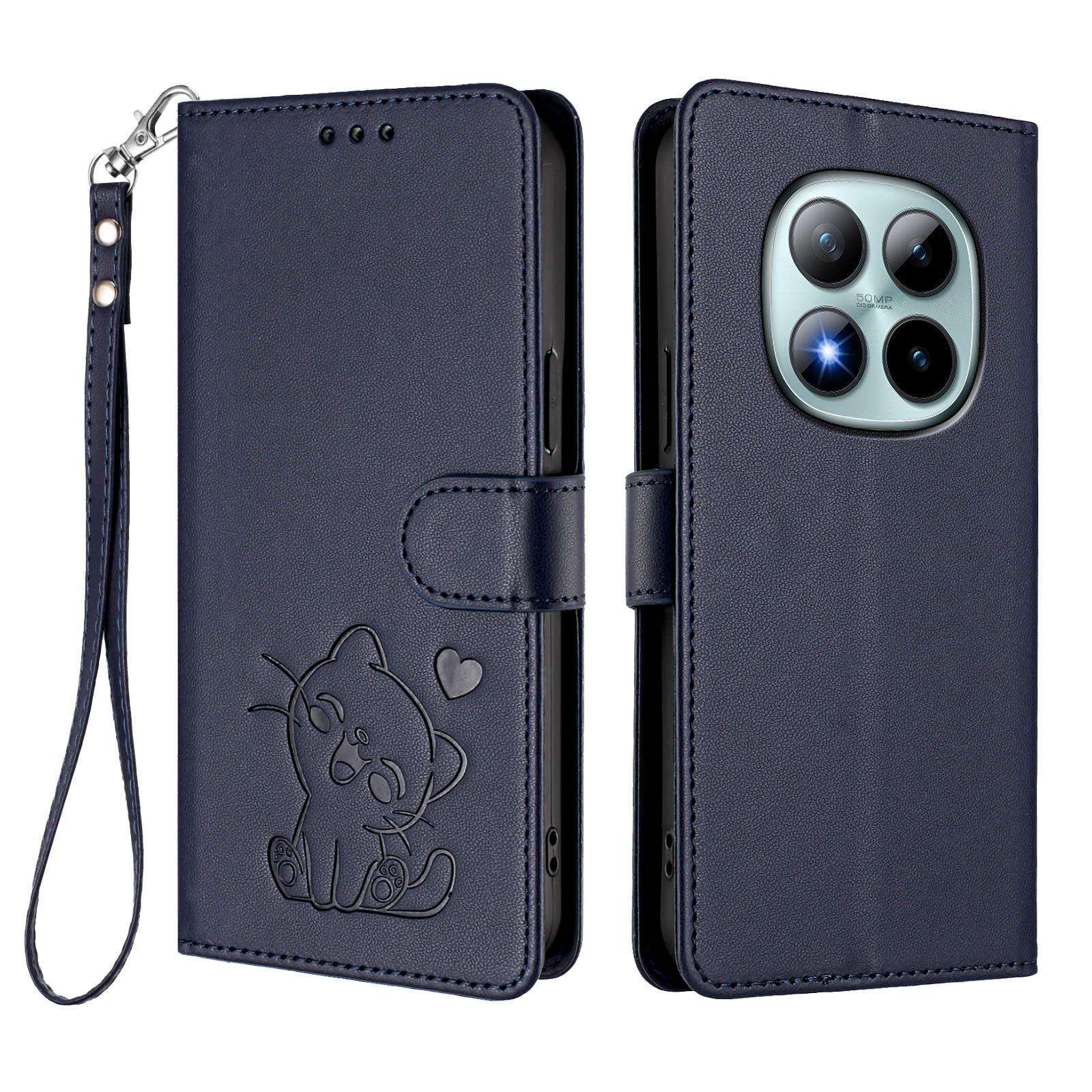 For Xiaomi Poco M8 Pro 5G / Redmi Note 15 Pro+ 5G (Global) Wallet Case with Wrist Strap Love Cat Pattern Imprint Leather Phone Cover - Blue