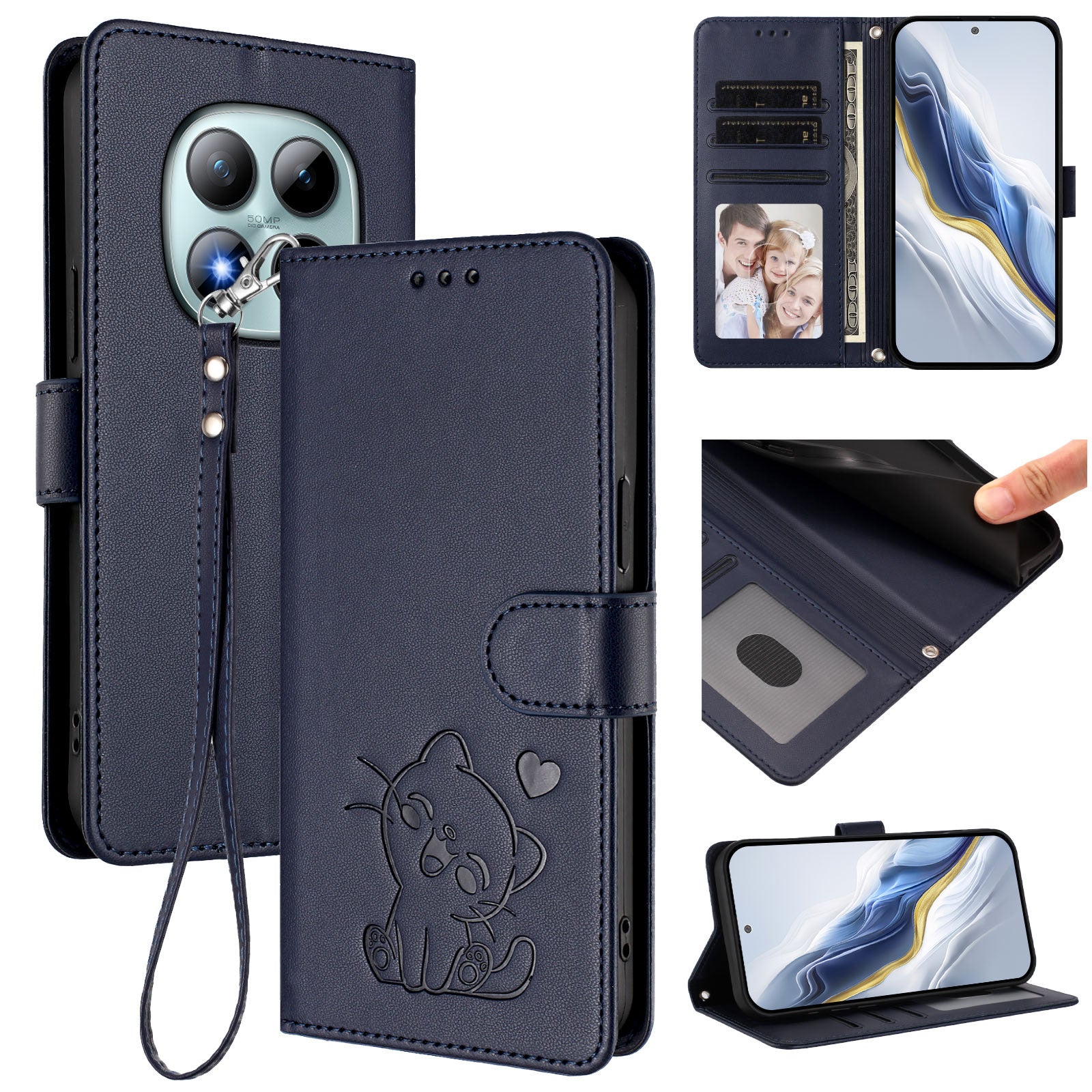 For Xiaomi Poco M8 Pro 5G / Redmi Note 15 Pro+ 5G (Global) Wallet Case with Wrist Strap Love Cat Pattern Imprint Leather Phone Cover - Blue