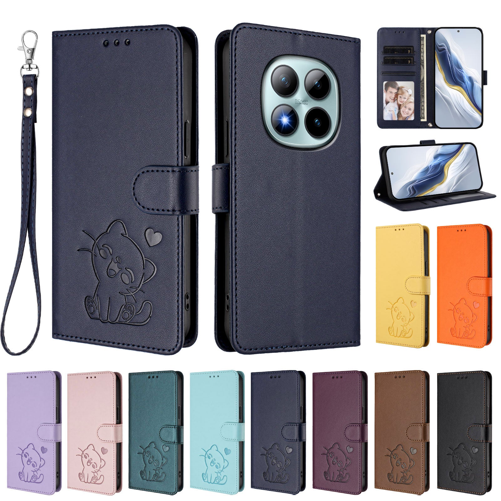 For Xiaomi Poco M8 Pro 5G / Redmi Note 15 Pro+ 5G (Global) Wallet Case with Wrist Strap Love Cat Pattern Imprint Leather Phone Cover - Blue