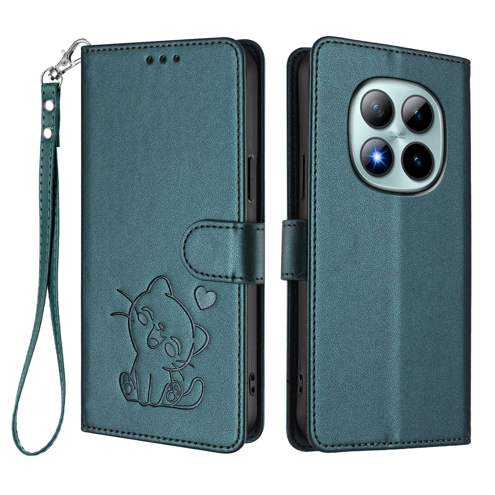 For Xiaomi Poco M8 Pro 5G / Redmi Note 15 Pro+ 5G (Global) Wallet Case with Wrist Strap Love Cat Pattern Imprint Leather Phone Cover - Green