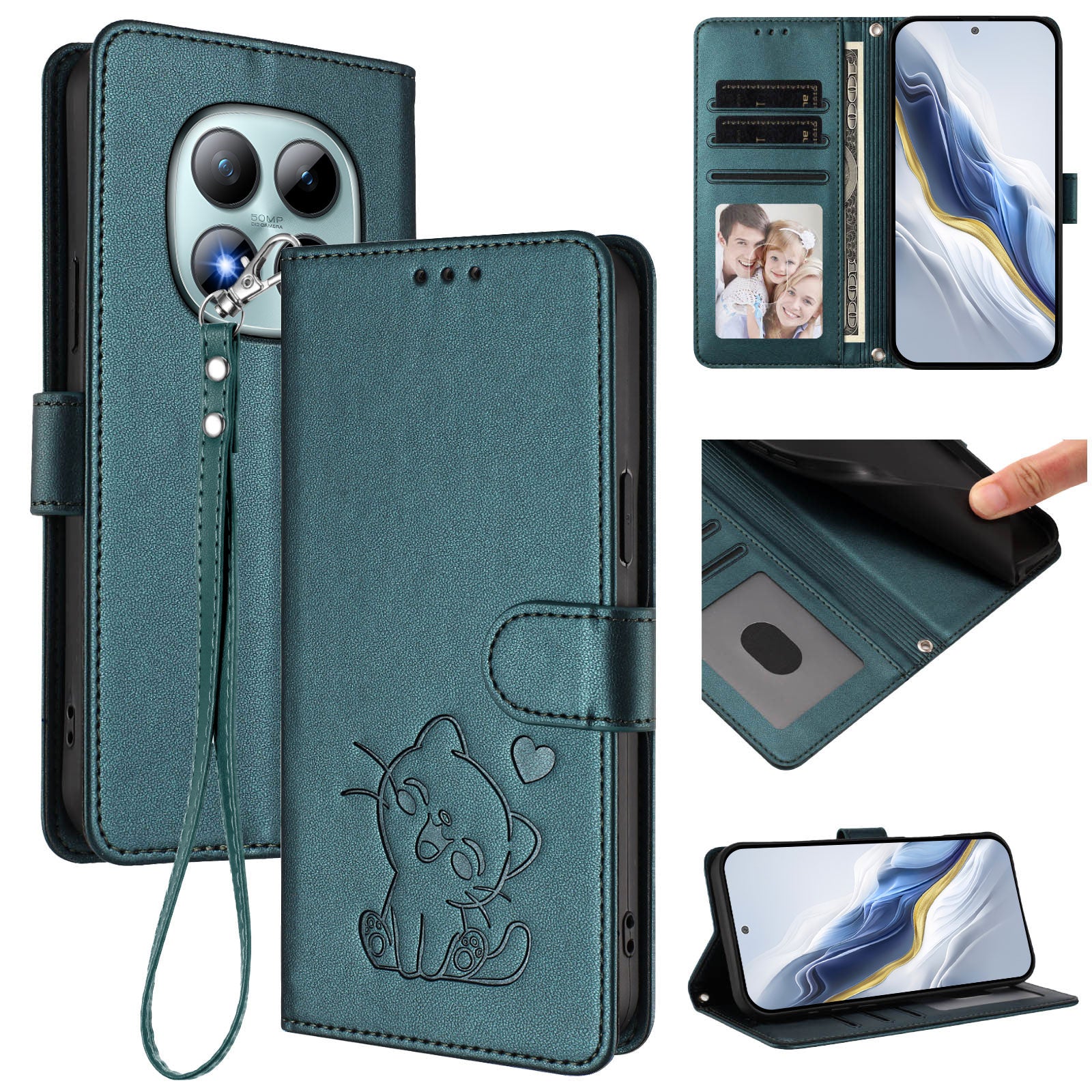 For Xiaomi Poco M8 Pro 5G / Redmi Note 15 Pro+ 5G (Global) Wallet Case with Wrist Strap Love Cat Pattern Imprint Leather Phone Cover - Green