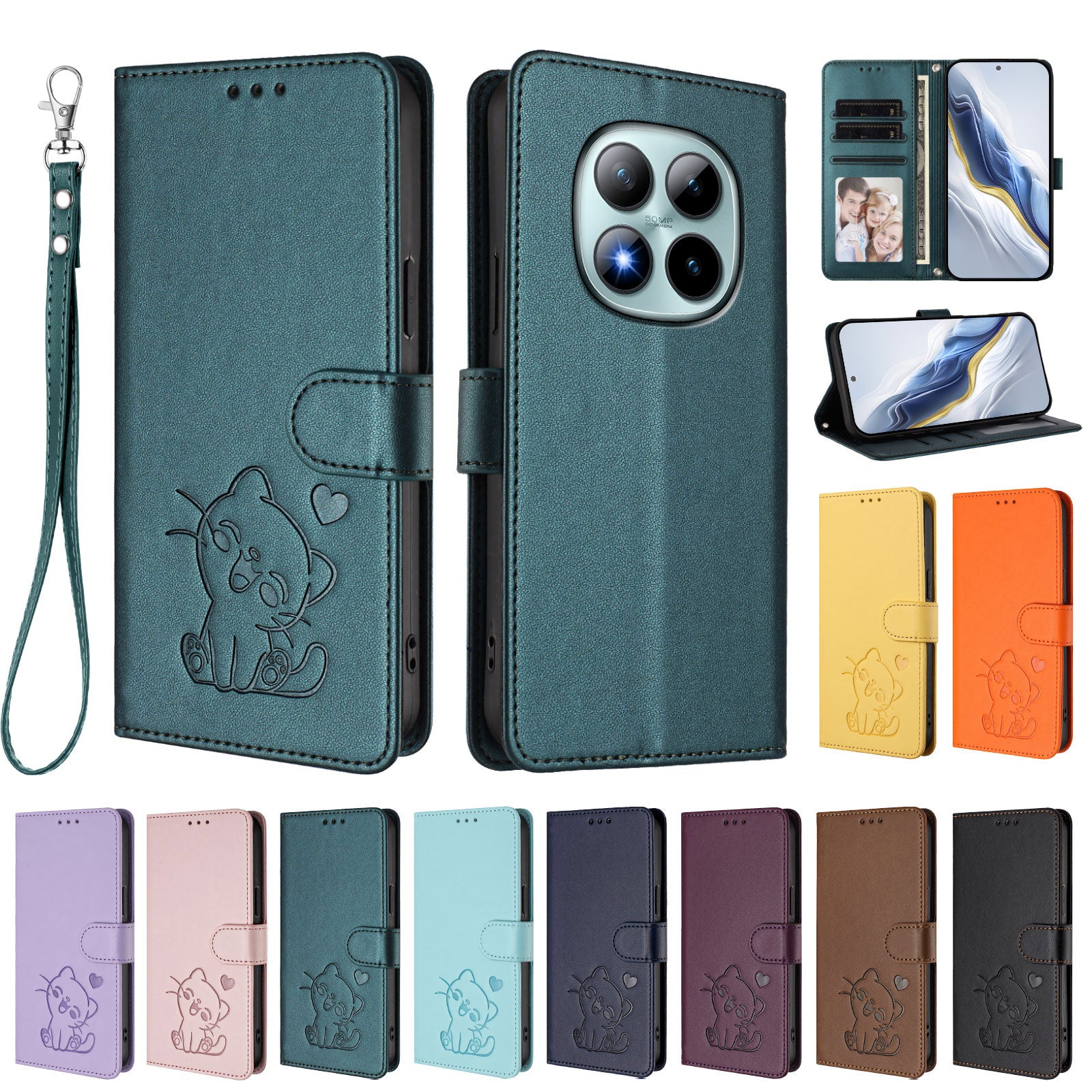 For Xiaomi Poco M8 Pro 5G / Redmi Note 15 Pro+ 5G (Global) Wallet Case with Wrist Strap Love Cat Pattern Imprint Leather Phone Cover - Green