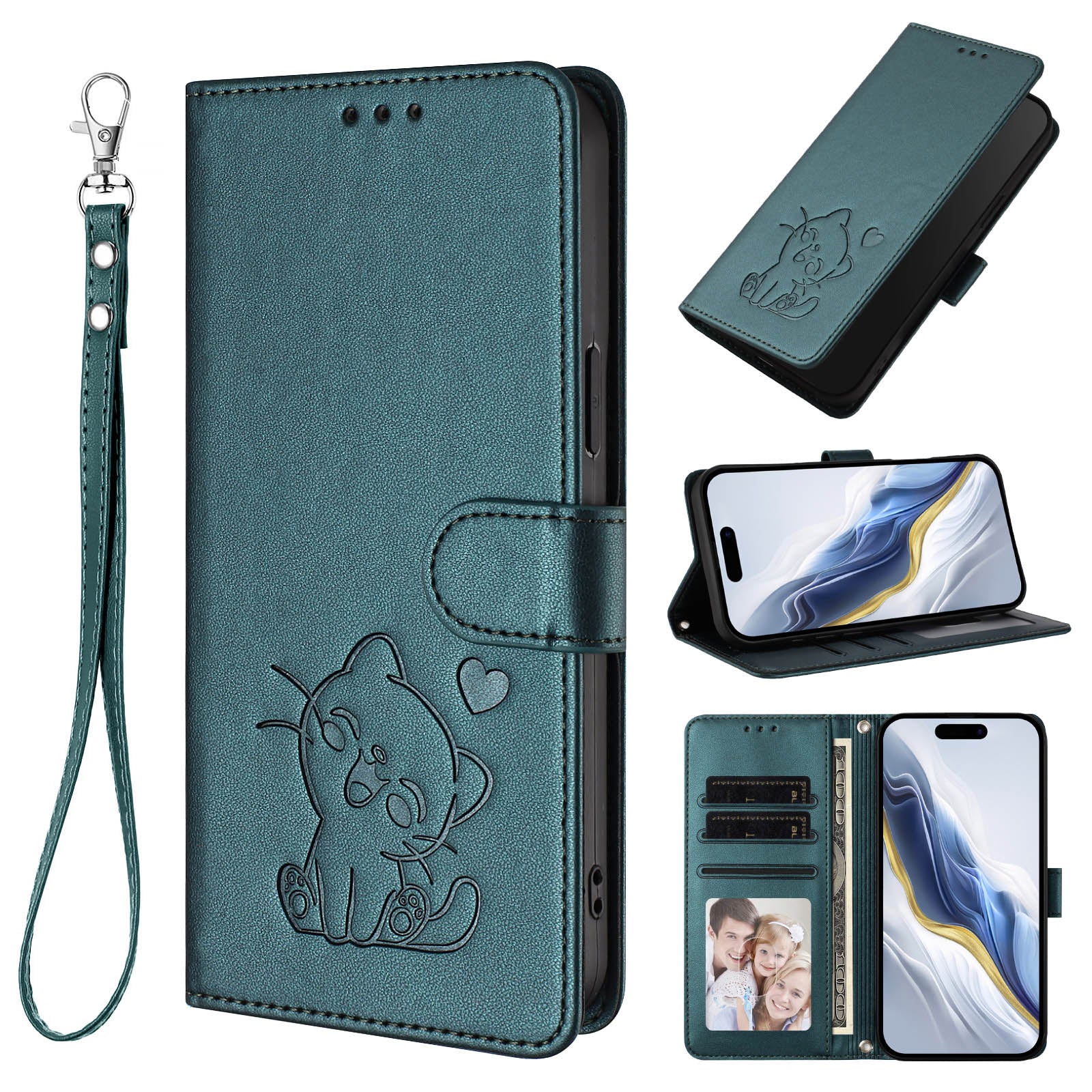 For Xiaomi Poco M8 Pro 5G / Redmi Note 15 Pro+ 5G (Global) Wallet Case with Wrist Strap Love Cat Pattern Imprint Leather Phone Cover - Green