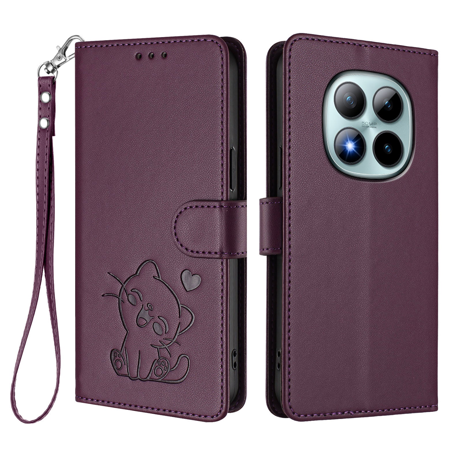 For Xiaomi Poco M8 Pro 5G / Redmi Note 15 Pro+ 5G (Global) Wallet Case with Wrist Strap Love Cat Pattern Imprint Leather Phone Cover - Purple