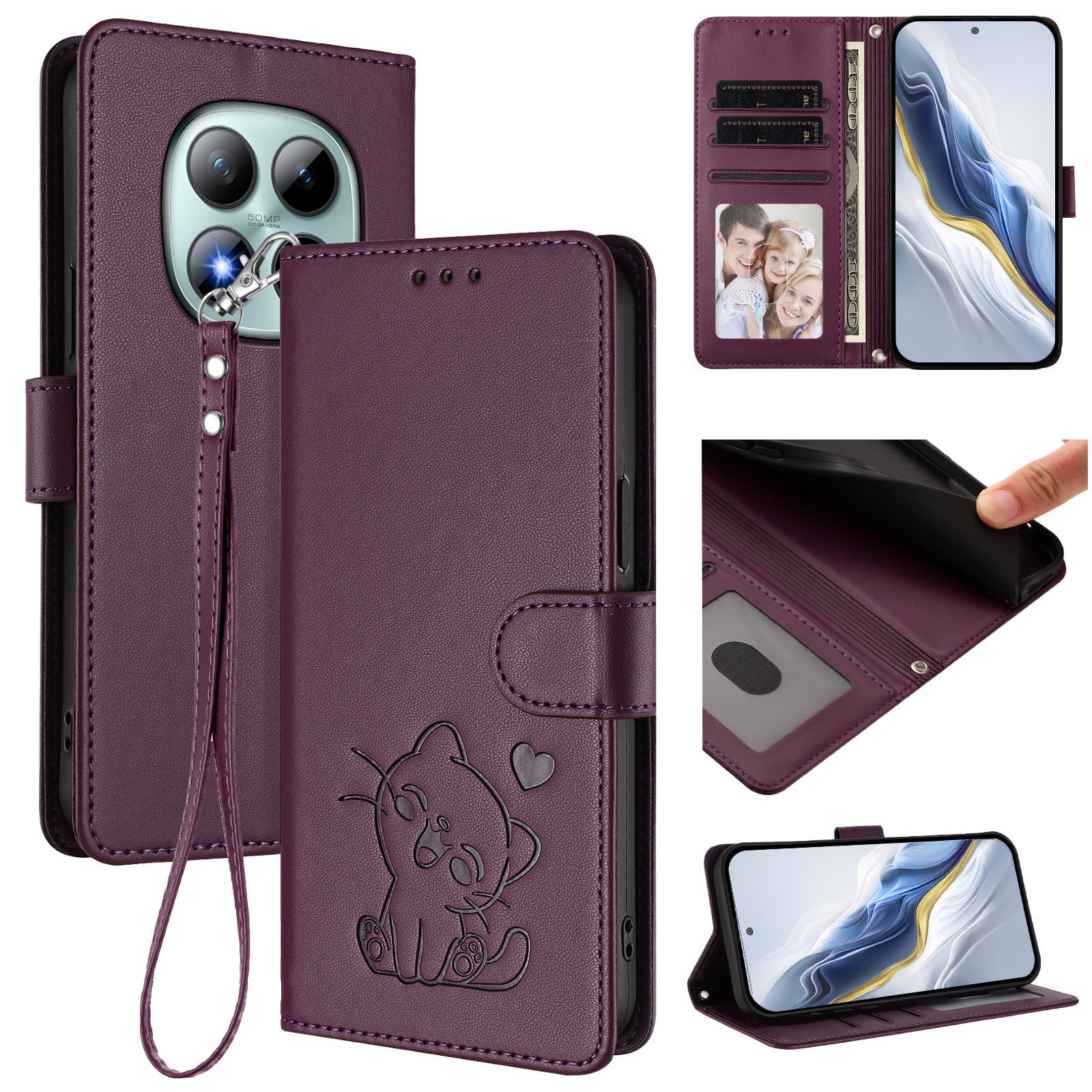 For Xiaomi Poco M8 Pro 5G / Redmi Note 15 Pro+ 5G (Global) Wallet Case with Wrist Strap Love Cat Pattern Imprint Leather Phone Cover - Purple