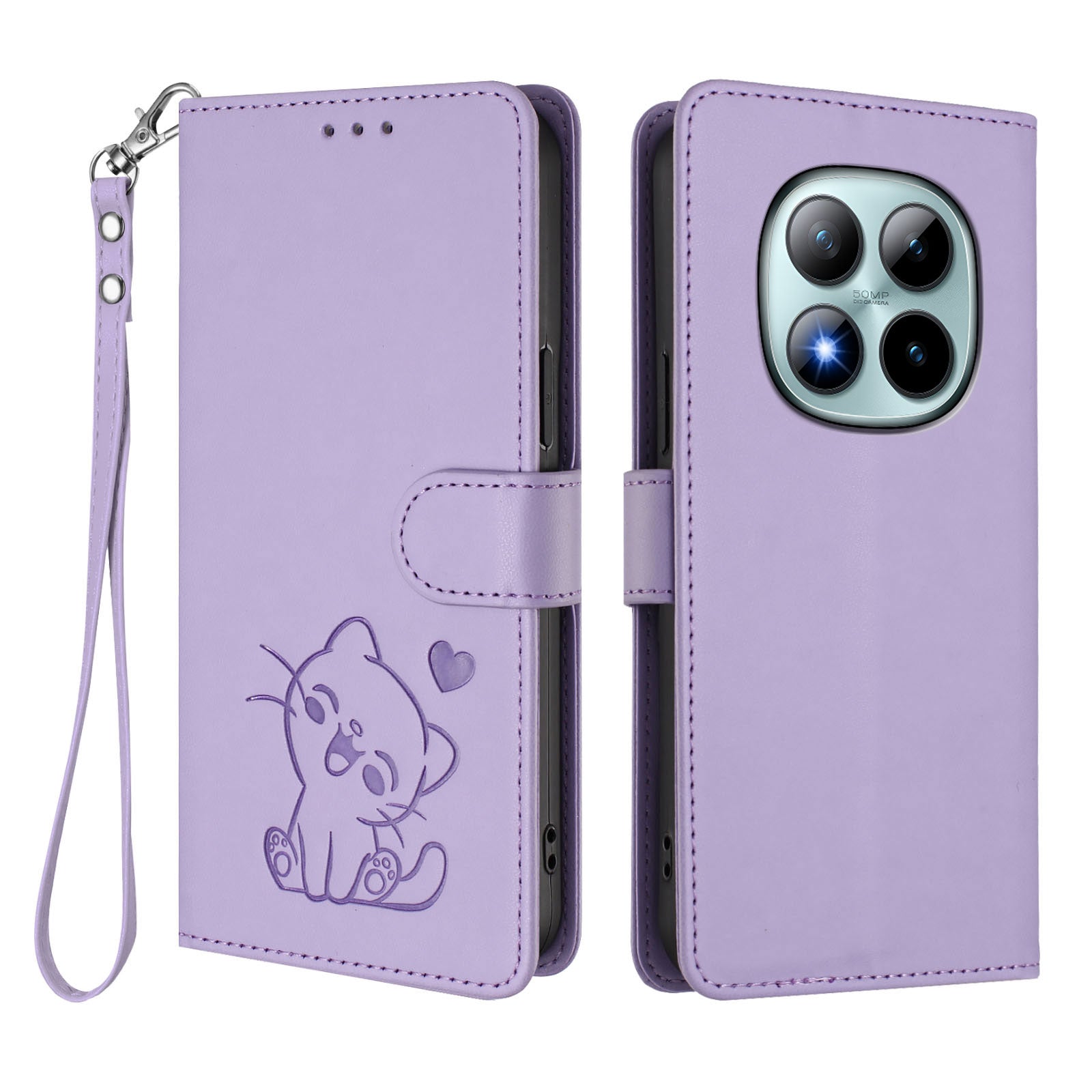 For Xiaomi Poco M8 Pro 5G / Redmi Note 15 Pro+ 5G (Global) Wallet Case with Wrist Strap Love Cat Pattern Imprint Leather Phone Cover - Light Purple
