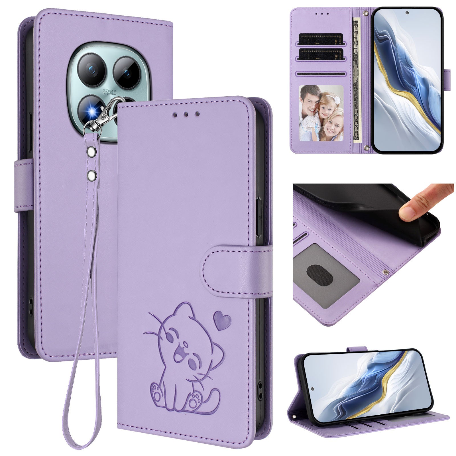 For Xiaomi Poco M8 Pro 5G / Redmi Note 15 Pro+ 5G (Global) Wallet Case with Wrist Strap Love Cat Pattern Imprint Leather Phone Cover - Light Purple