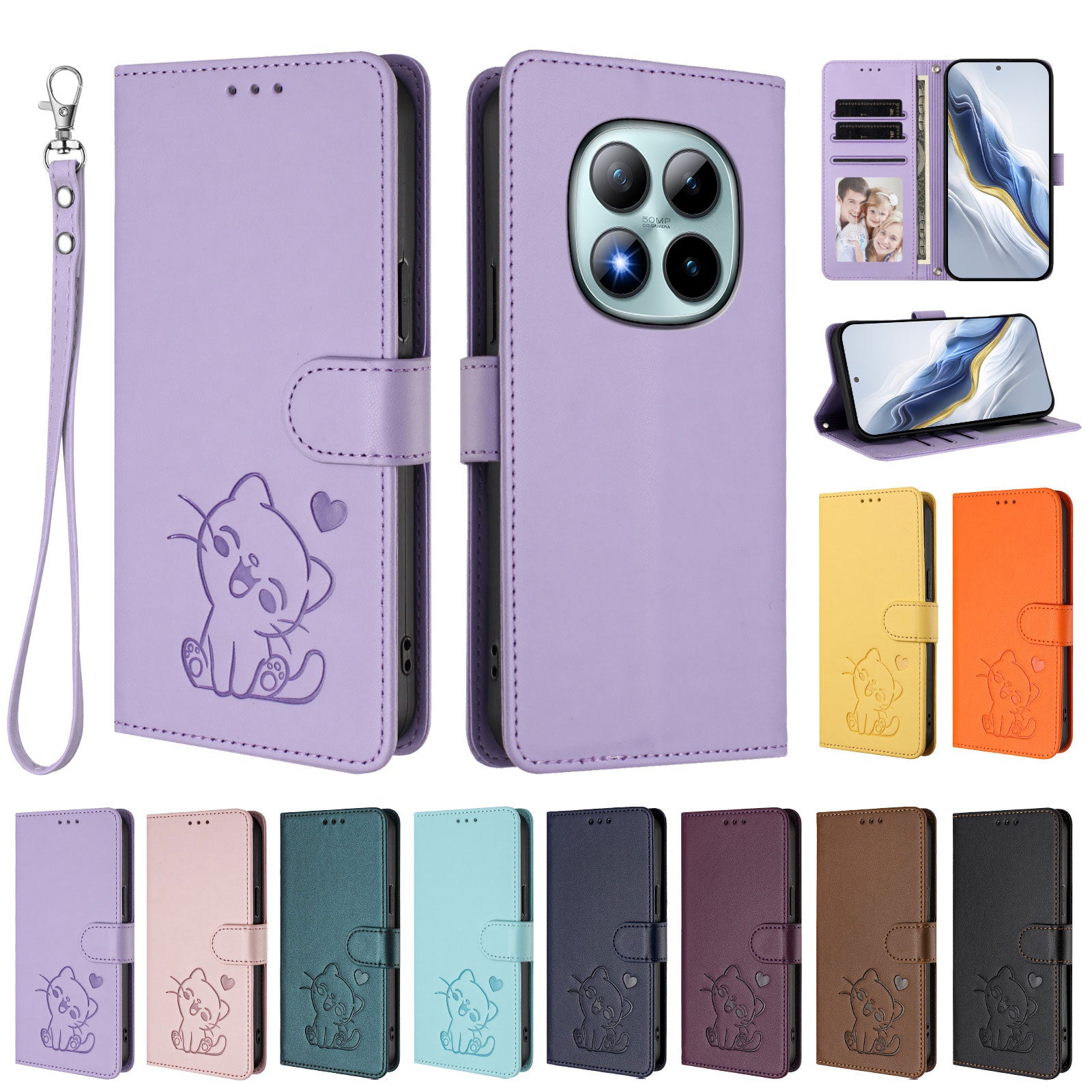 For Xiaomi Poco M8 Pro 5G / Redmi Note 15 Pro+ 5G (Global) Wallet Case with Wrist Strap Love Cat Pattern Imprint Leather Phone Cover - Light Purple