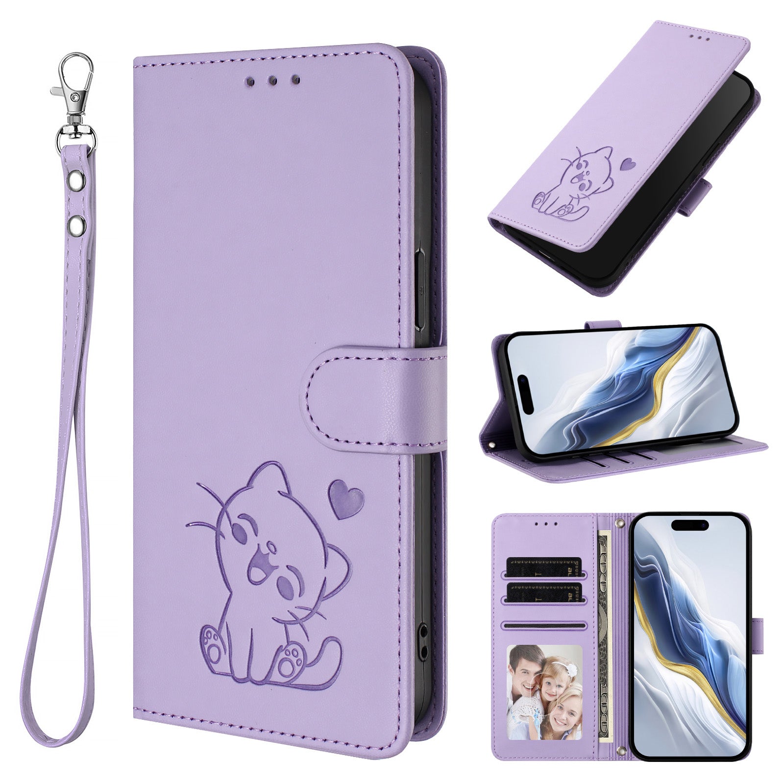 For Xiaomi Poco M8 Pro 5G / Redmi Note 15 Pro+ 5G (Global) Wallet Case with Wrist Strap Love Cat Pattern Imprint Leather Phone Cover - Light Purple