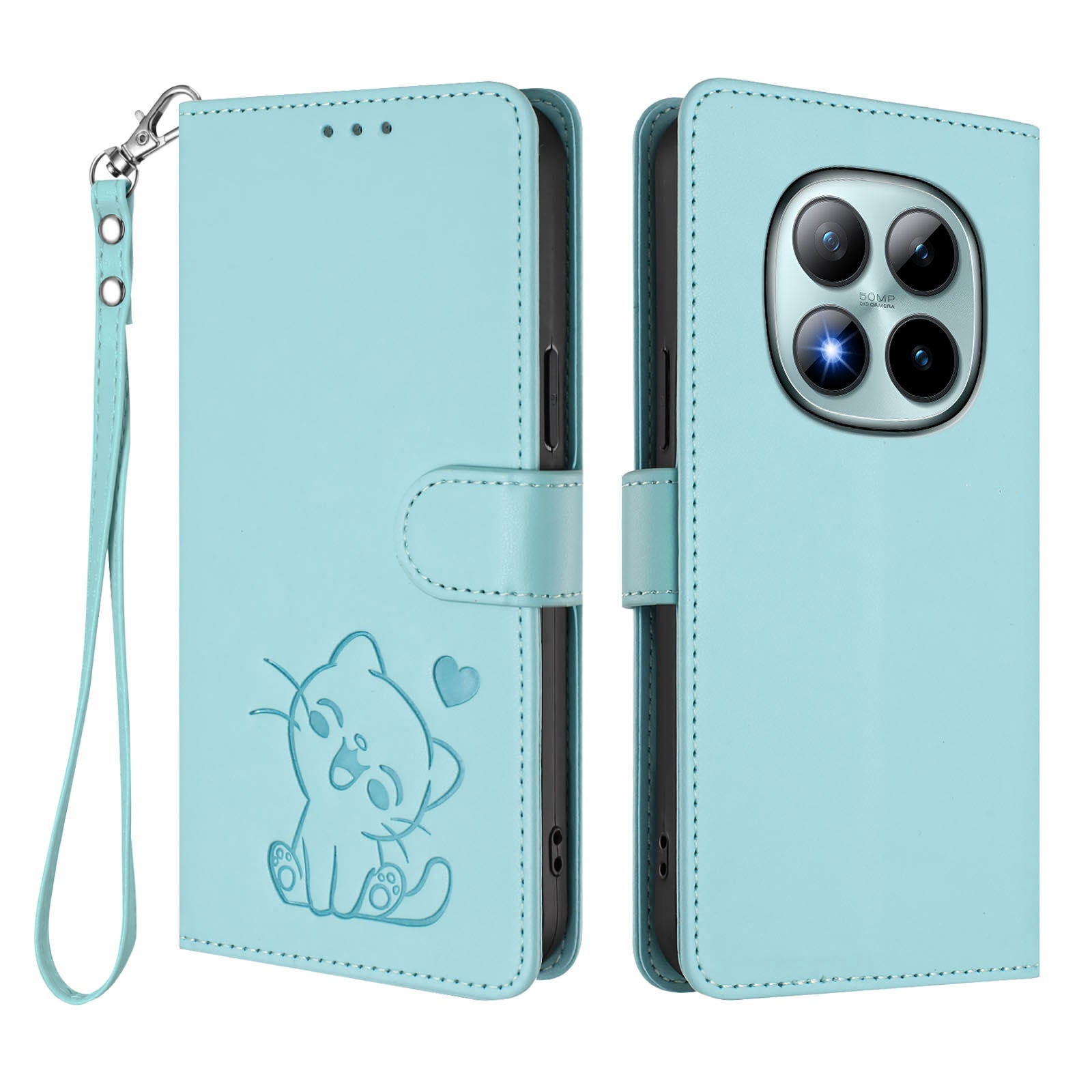For Xiaomi Poco M8 Pro 5G / Redmi Note 15 Pro+ 5G (Global) Wallet Case with Wrist Strap Love Cat Pattern Imprint Leather Phone Cover - Mint Green