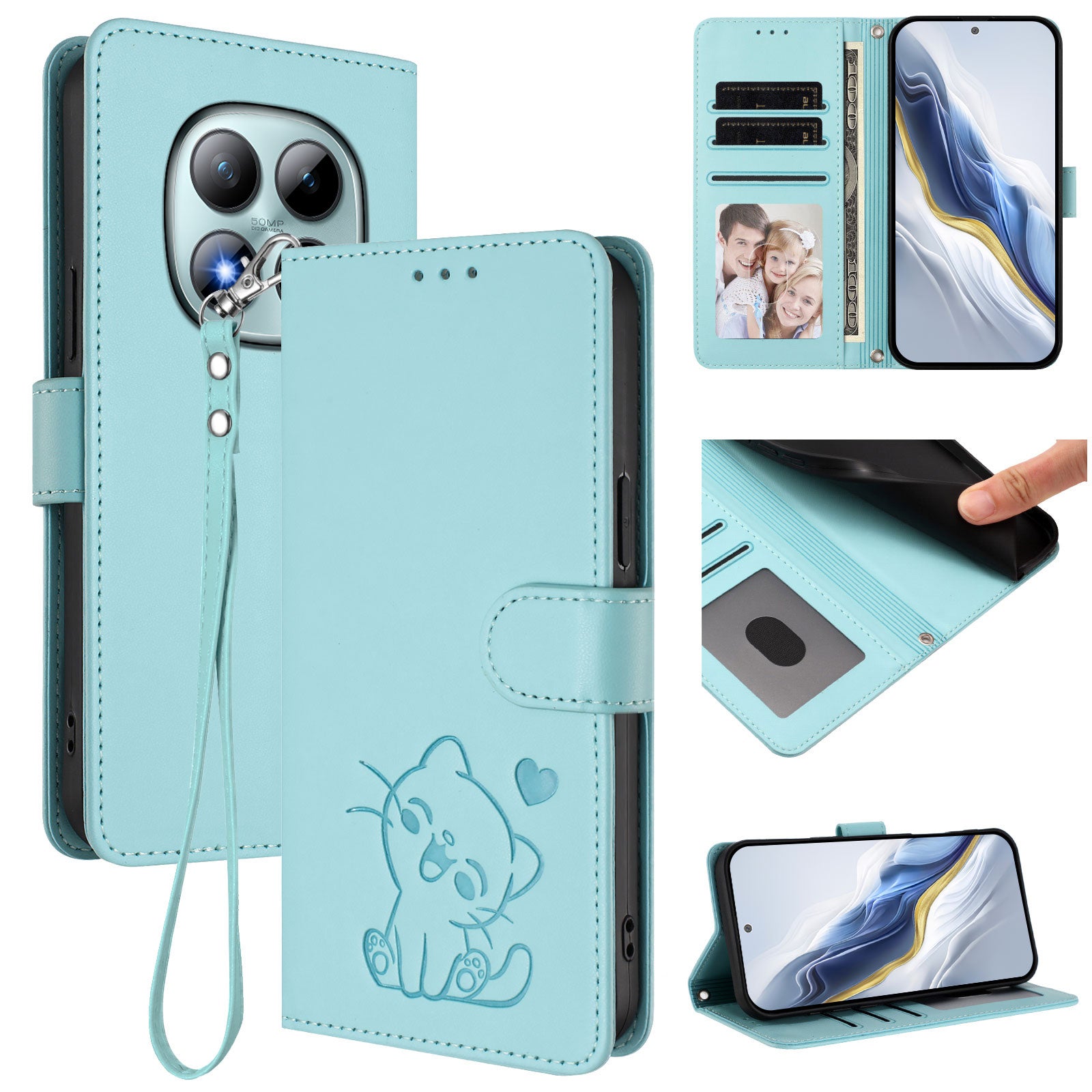 For Xiaomi Poco M8 Pro 5G / Redmi Note 15 Pro+ 5G (Global) Wallet Case with Wrist Strap Love Cat Pattern Imprint Leather Phone Cover - Mint Green