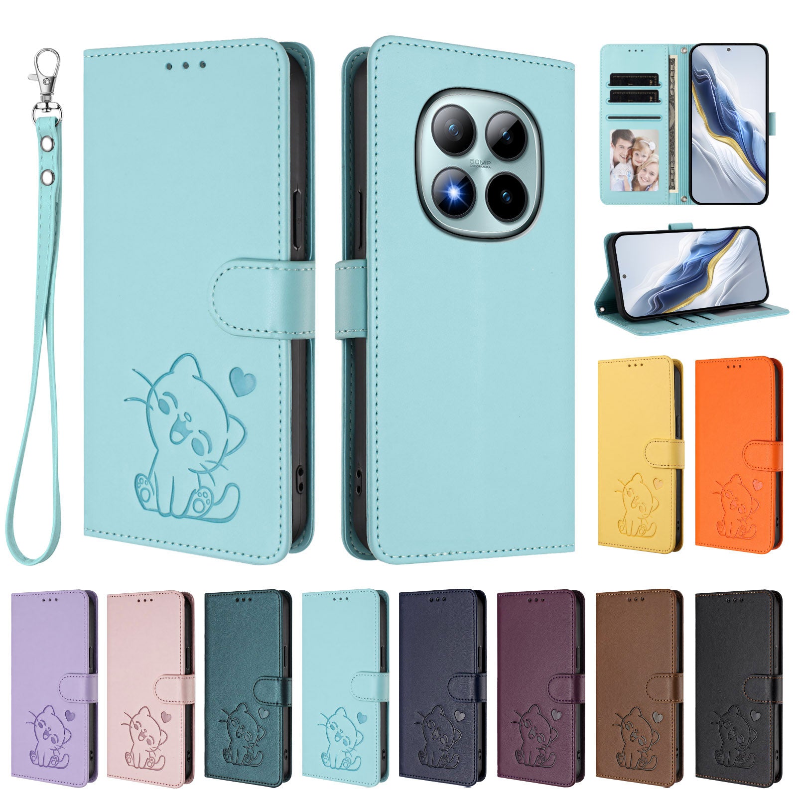 For Xiaomi Poco M8 Pro 5G / Redmi Note 15 Pro+ 5G (Global) Wallet Case with Wrist Strap Love Cat Pattern Imprint Leather Phone Cover - Mint Green