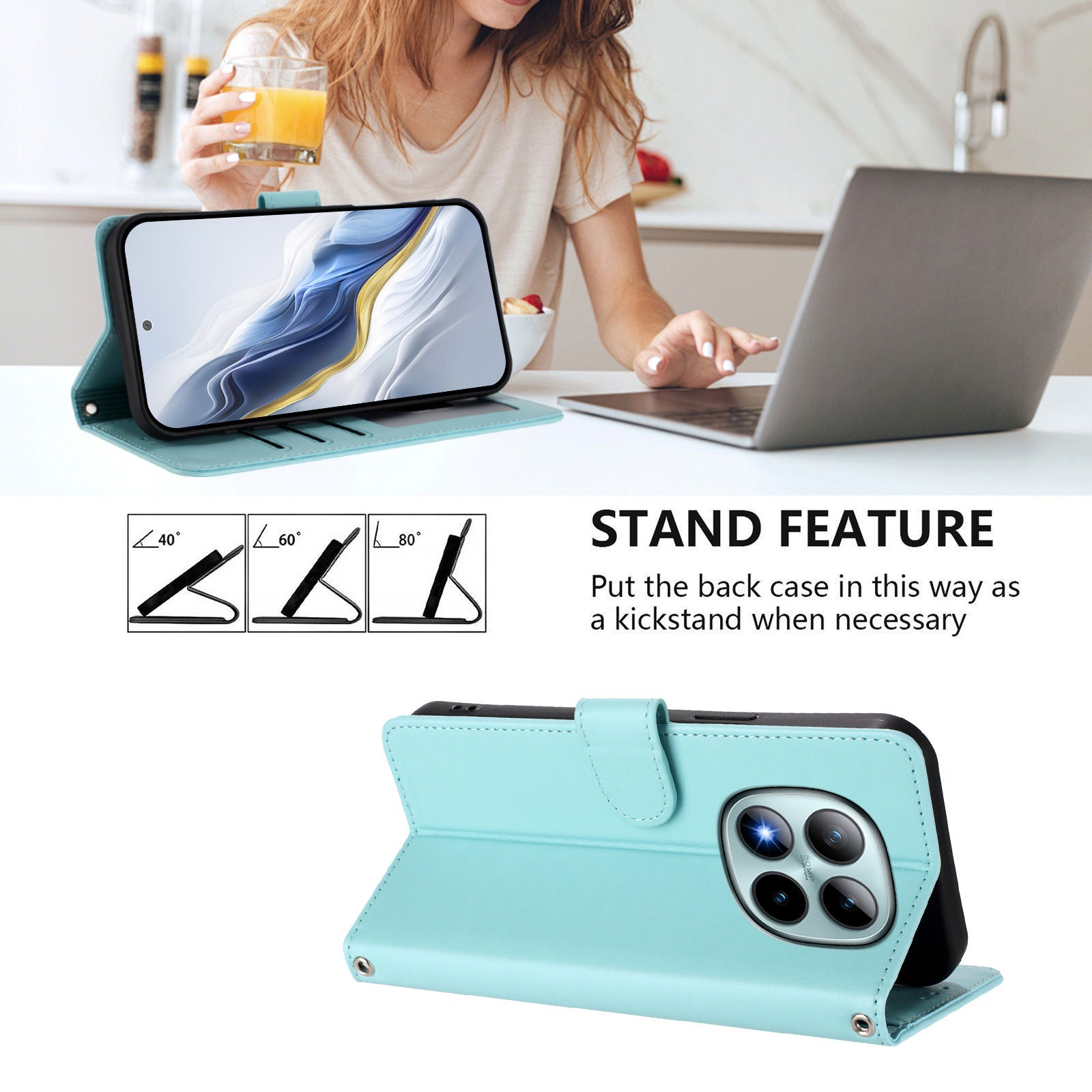 For Xiaomi Poco M8 Pro 5G / Redmi Note 15 Pro+ 5G (Global) Wallet Case with Wrist Strap Love Cat Pattern Imprint Leather Phone Cover - Mint Green