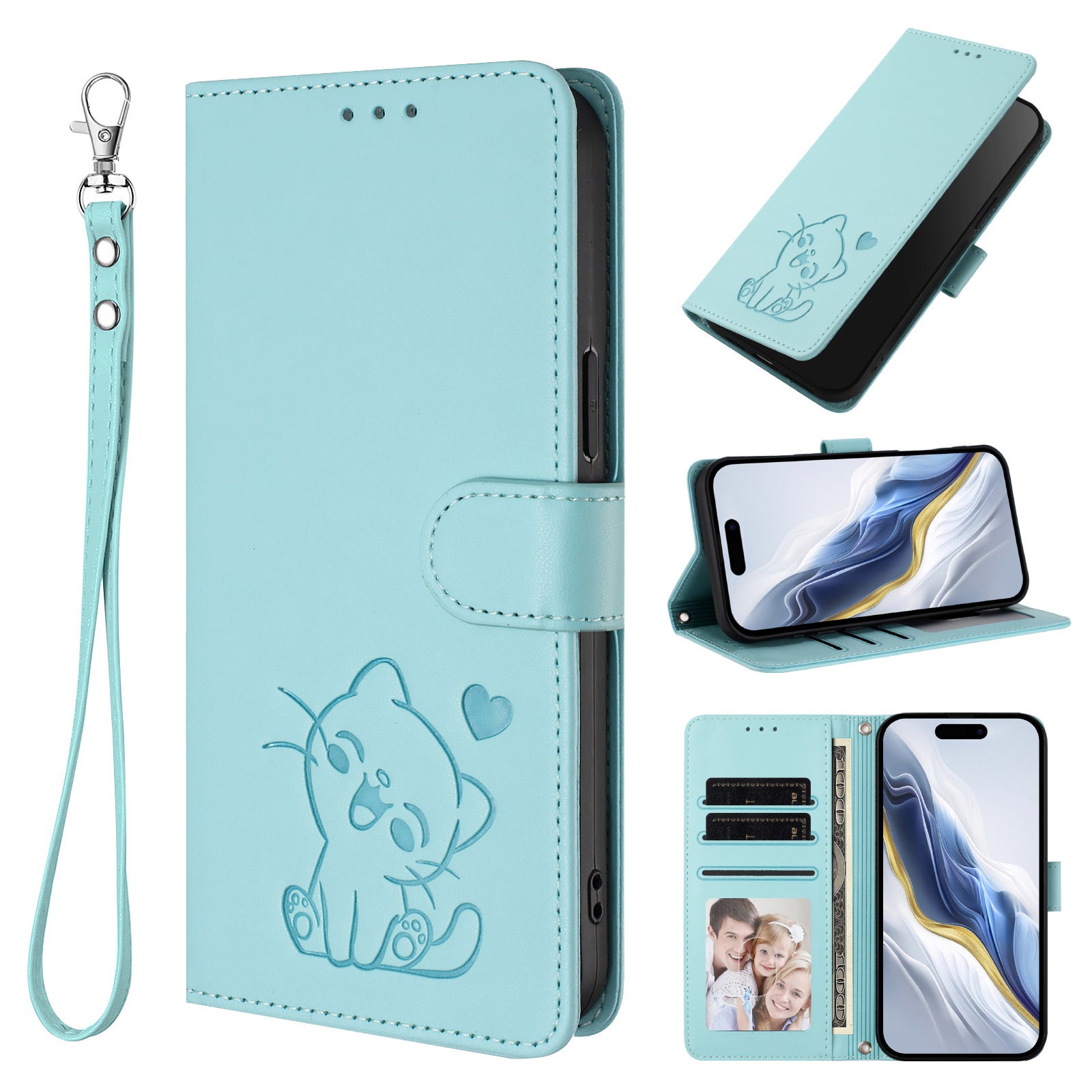 For Xiaomi Poco M8 Pro 5G / Redmi Note 15 Pro+ 5G (Global) Wallet Case with Wrist Strap Love Cat Pattern Imprint Leather Phone Cover - Mint Green