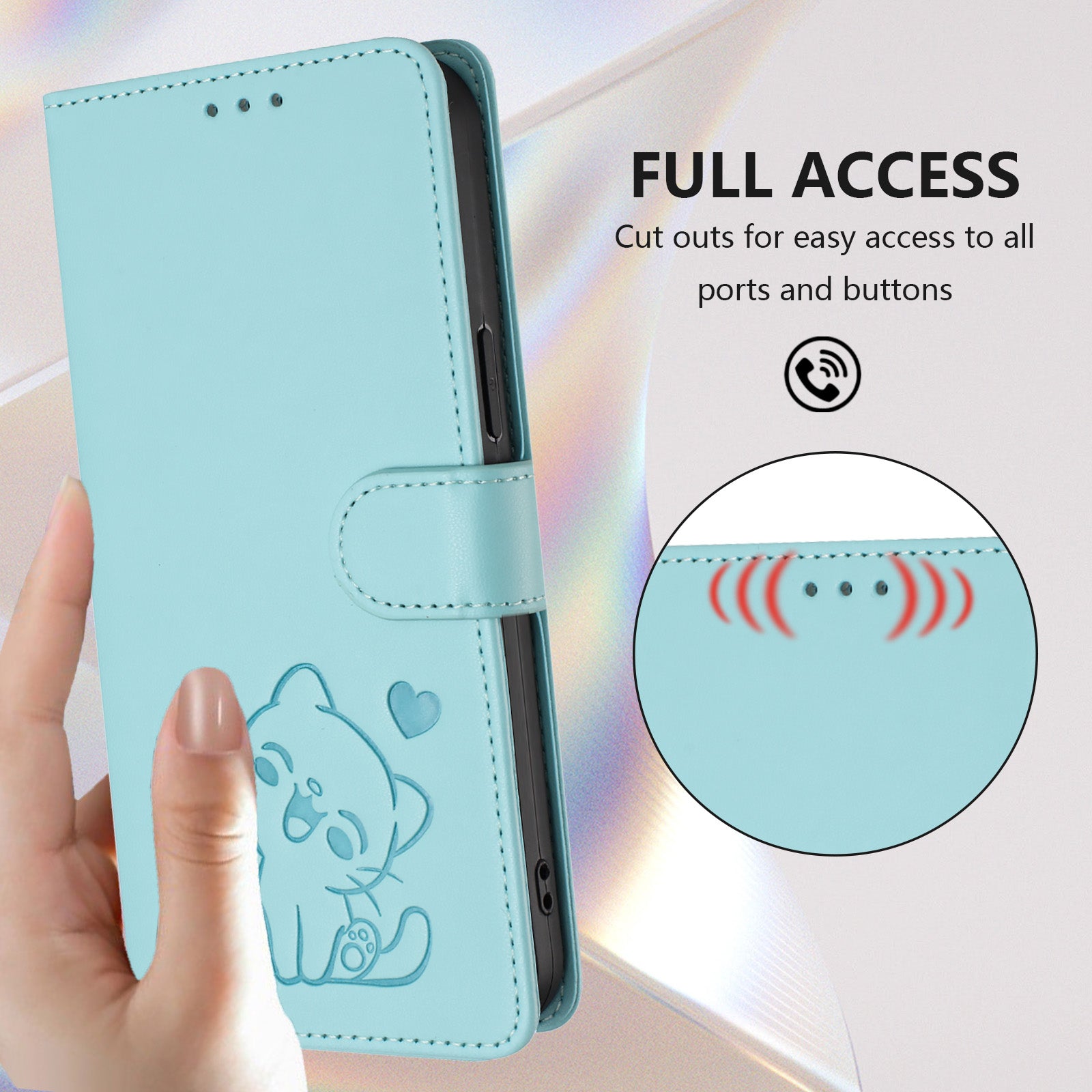 For Xiaomi Poco M8 Pro 5G / Redmi Note 15 Pro+ 5G (Global) Wallet Case with Wrist Strap Love Cat Pattern Imprint Leather Phone Cover - Mint Green
